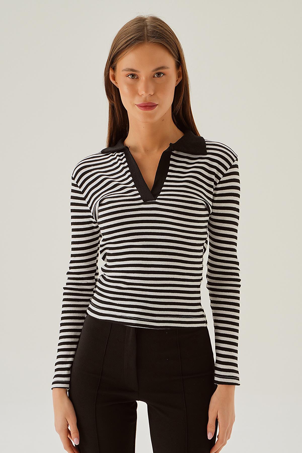 Siyah Çizgili Polo Yaka Bluz 843 