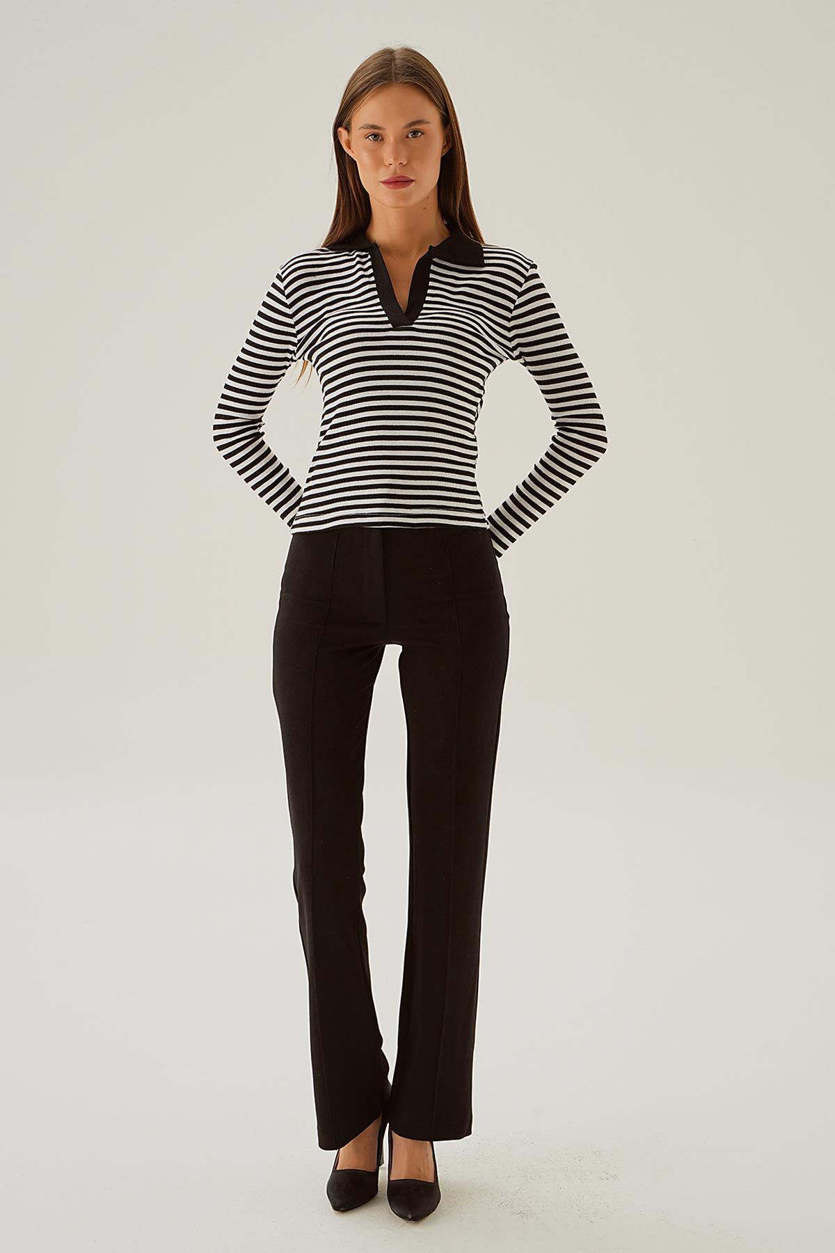 Siyah Çizgili Polo Yaka Bluz 843 - 3