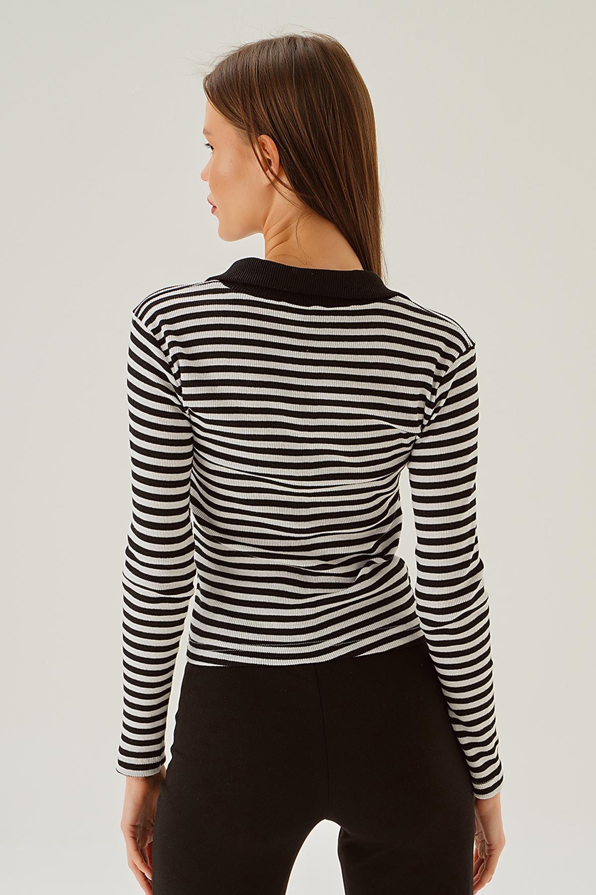 Siyah Çizgili Polo Yaka Bluz 843 - 5