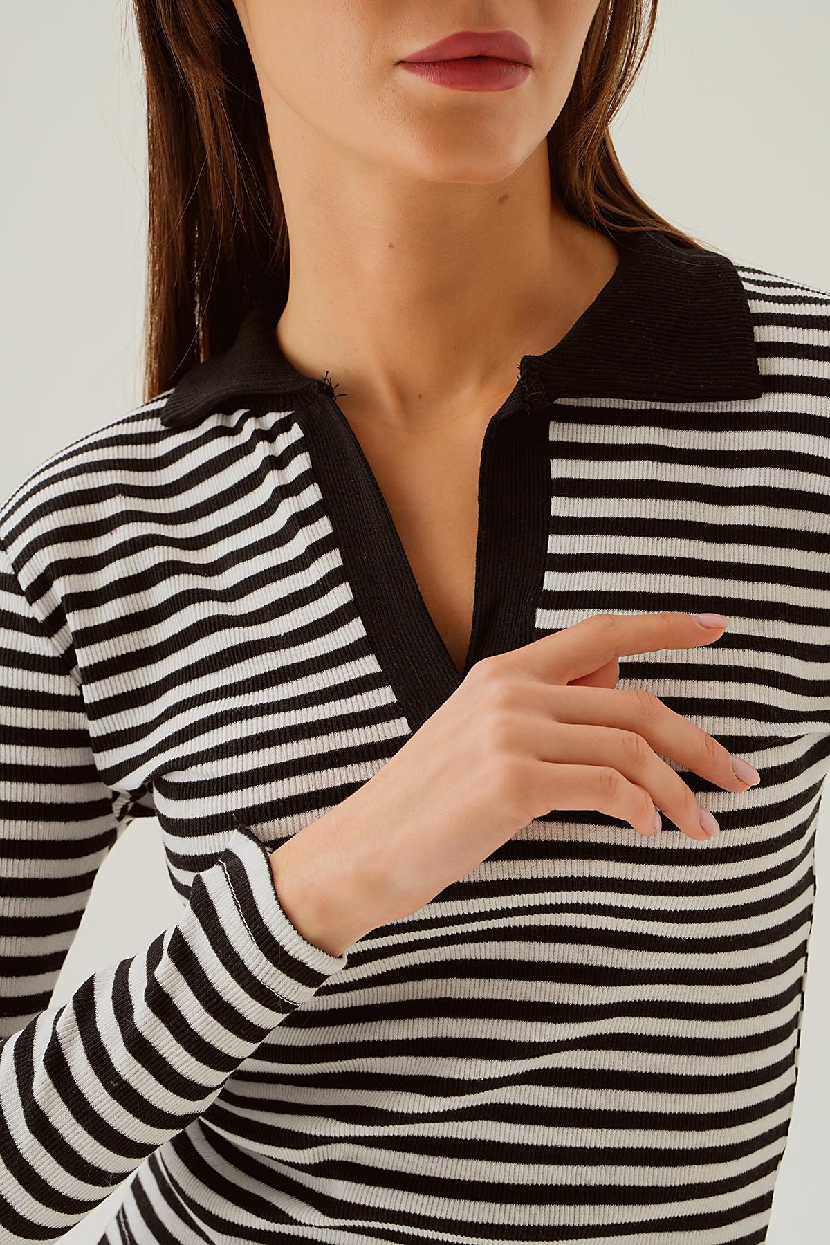 Siyah Çizgili Polo Yaka Bluz 843 - 6