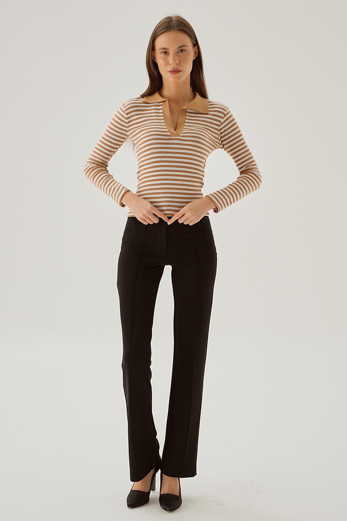 843 Çizgili Polo Yaka Bluz Vizon - 2