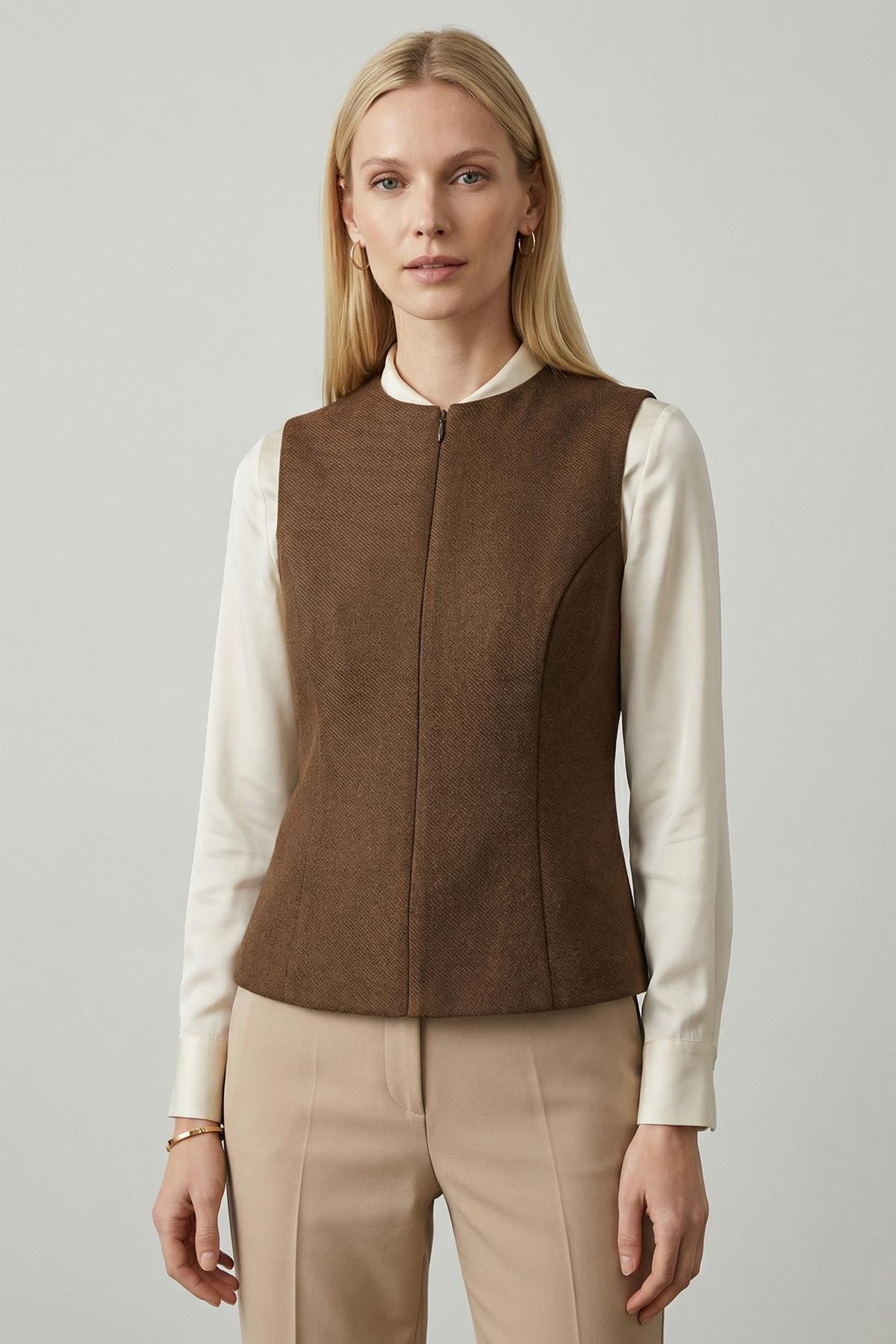 8433A Bisiklet Yaka Sıfır Kol Yelek Kahve - RAYS