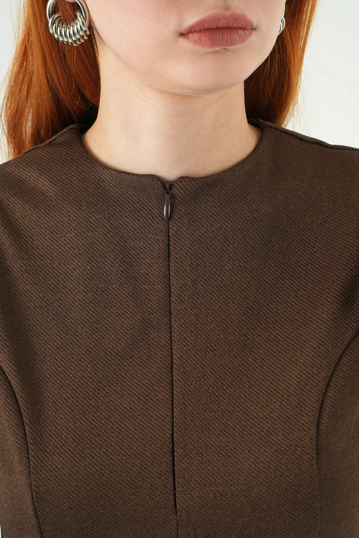 Kahve Bisiklet Yaka Sıfır Kol Bluz 8433A - RAYS