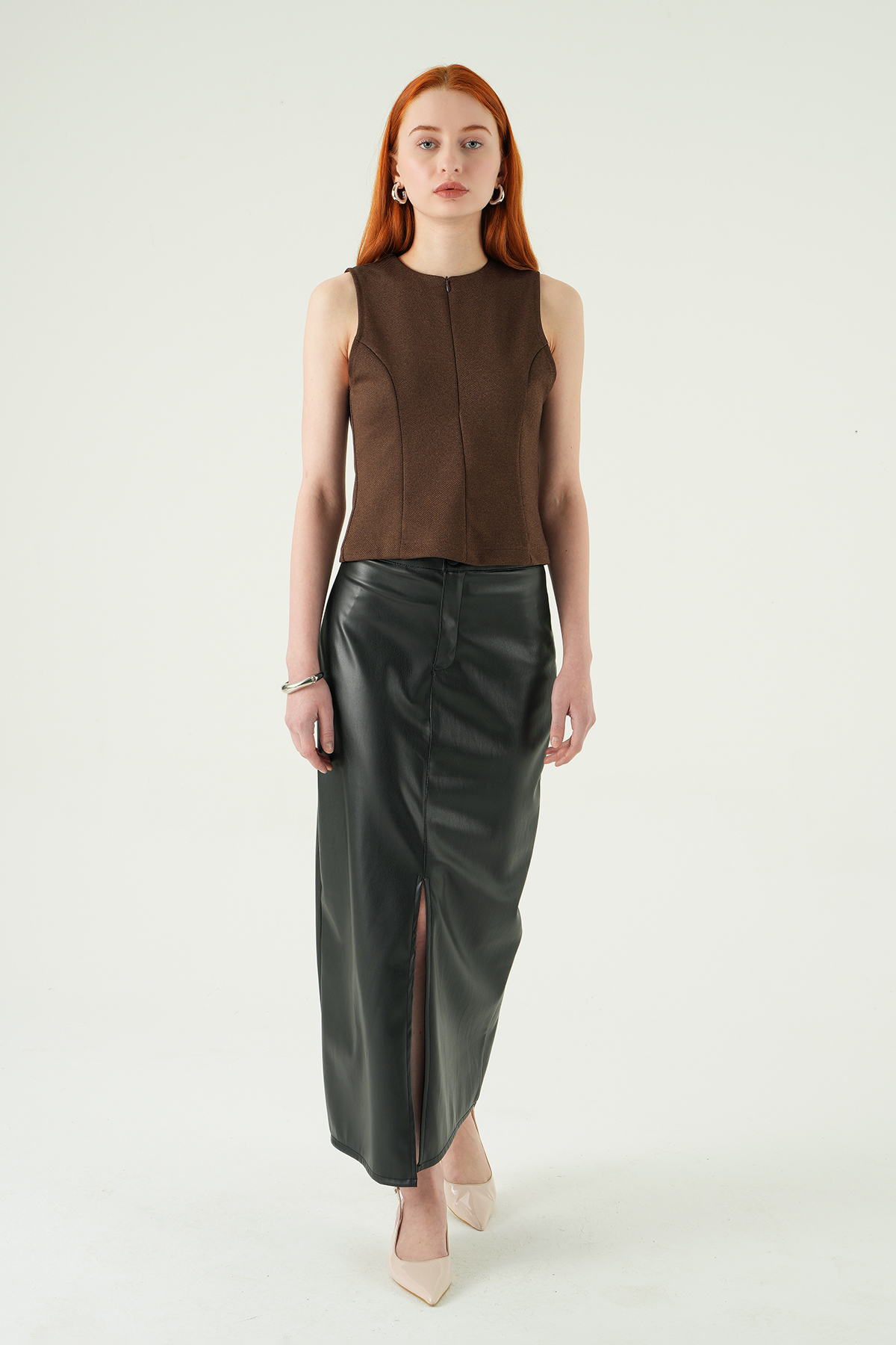 Kahve Bisiklet Yaka Sıfır Kol Bluz 8433A - 3