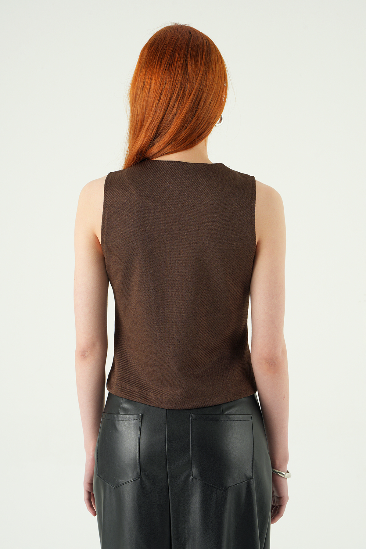 Kahve Bisiklet Yaka Sıfır Kol Bluz 8433A - 5