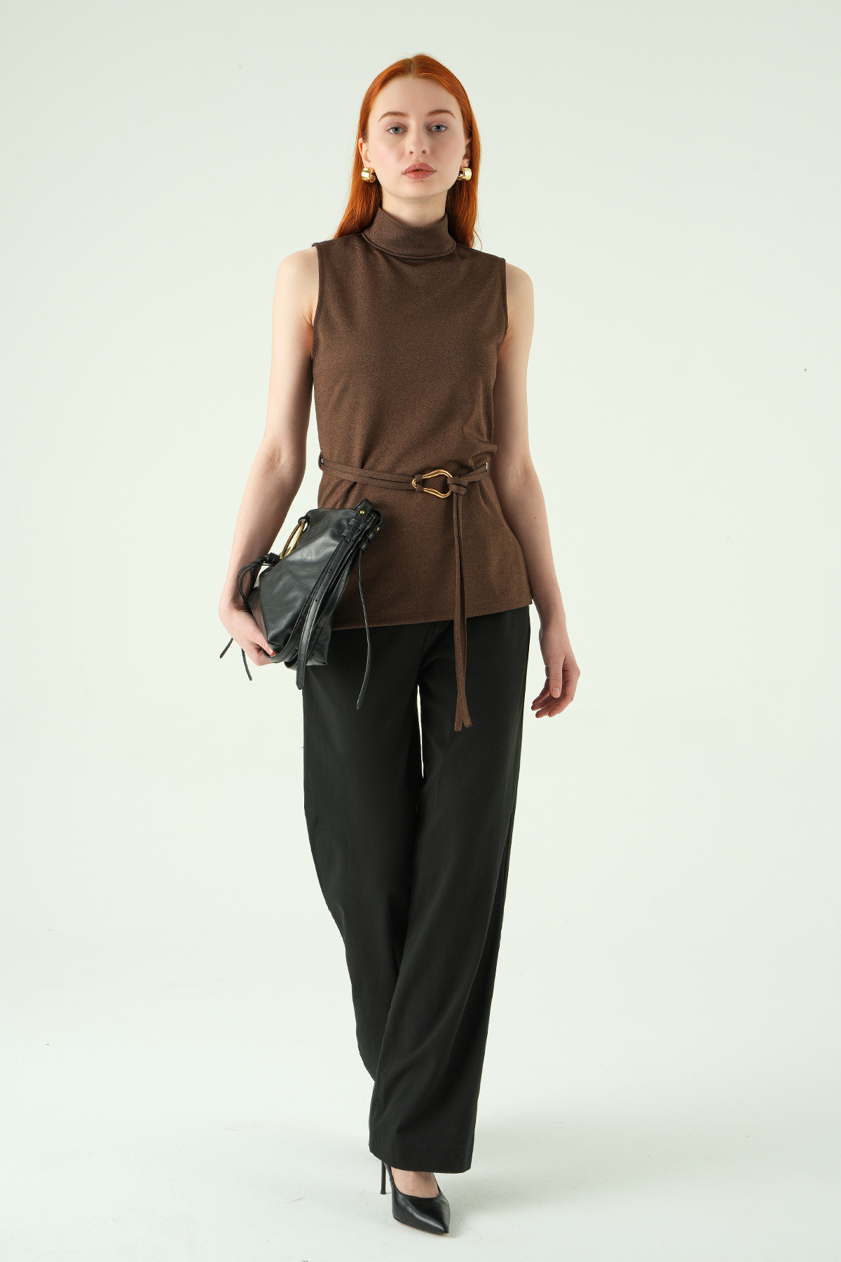 Kahve Sıfır Kol Kemerli Bluz 8434A - 3