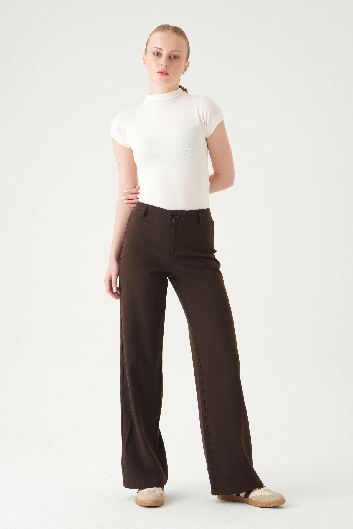 Kahve Düğmeli Geniş Paça Pantolon 8450A - 2