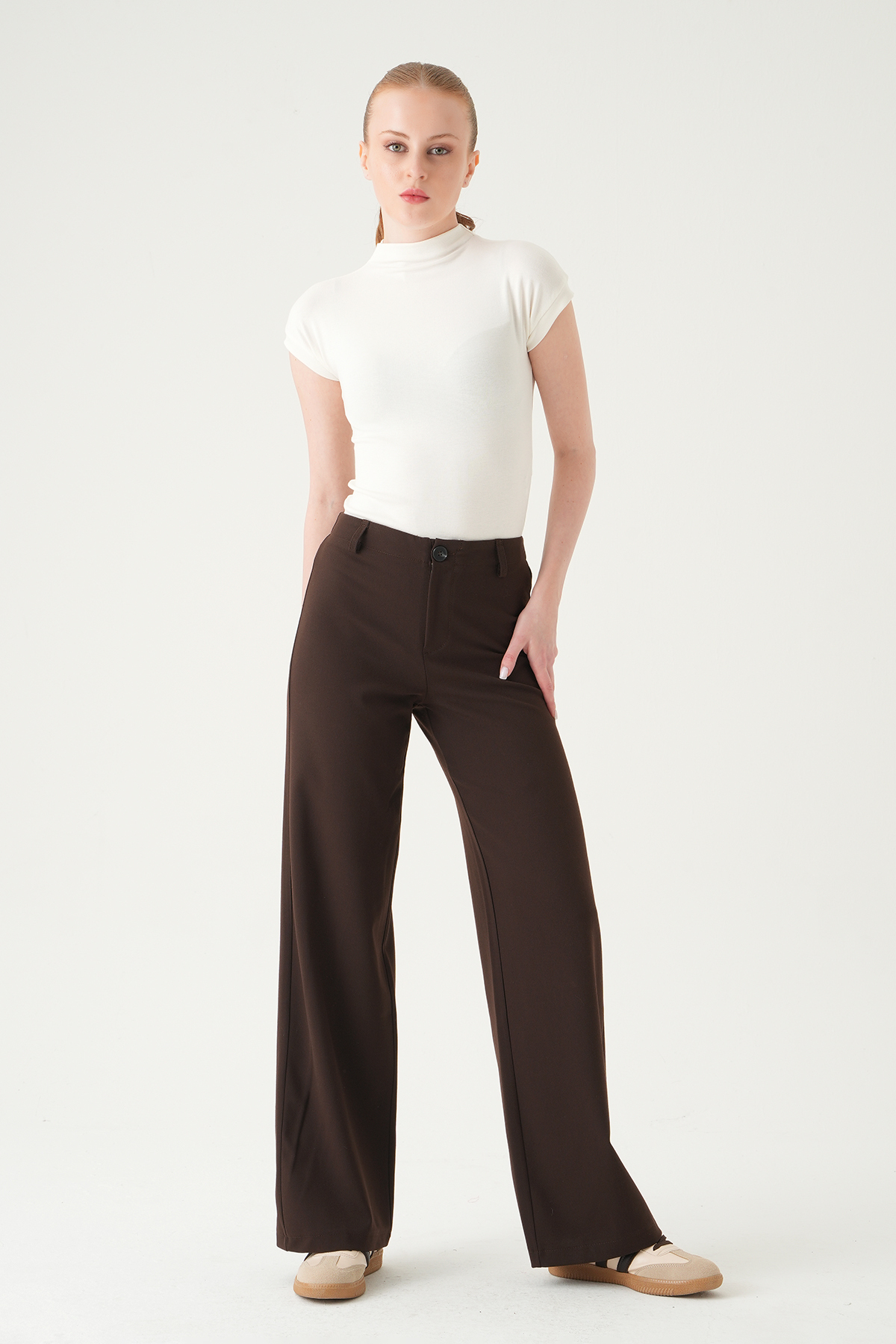 Kahve Düğmeli Geniş Paça Pantolon 8450A - 3