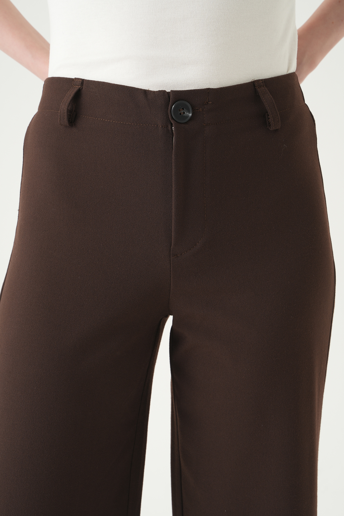 Kahve Düğmeli Geniş Paça Pantolon 8450A - 4