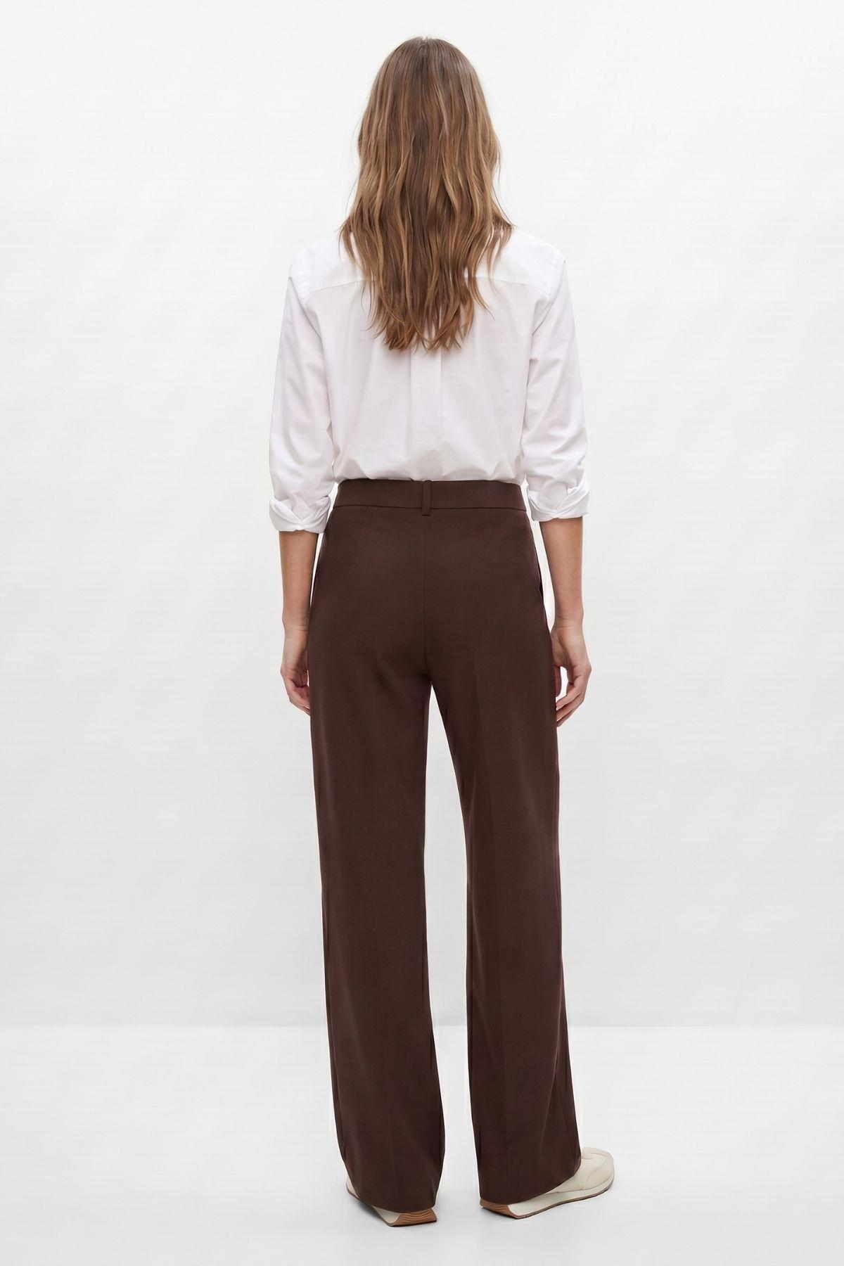 Kahve Düğmeli Geniş Paça Pantolon 8450A - 5