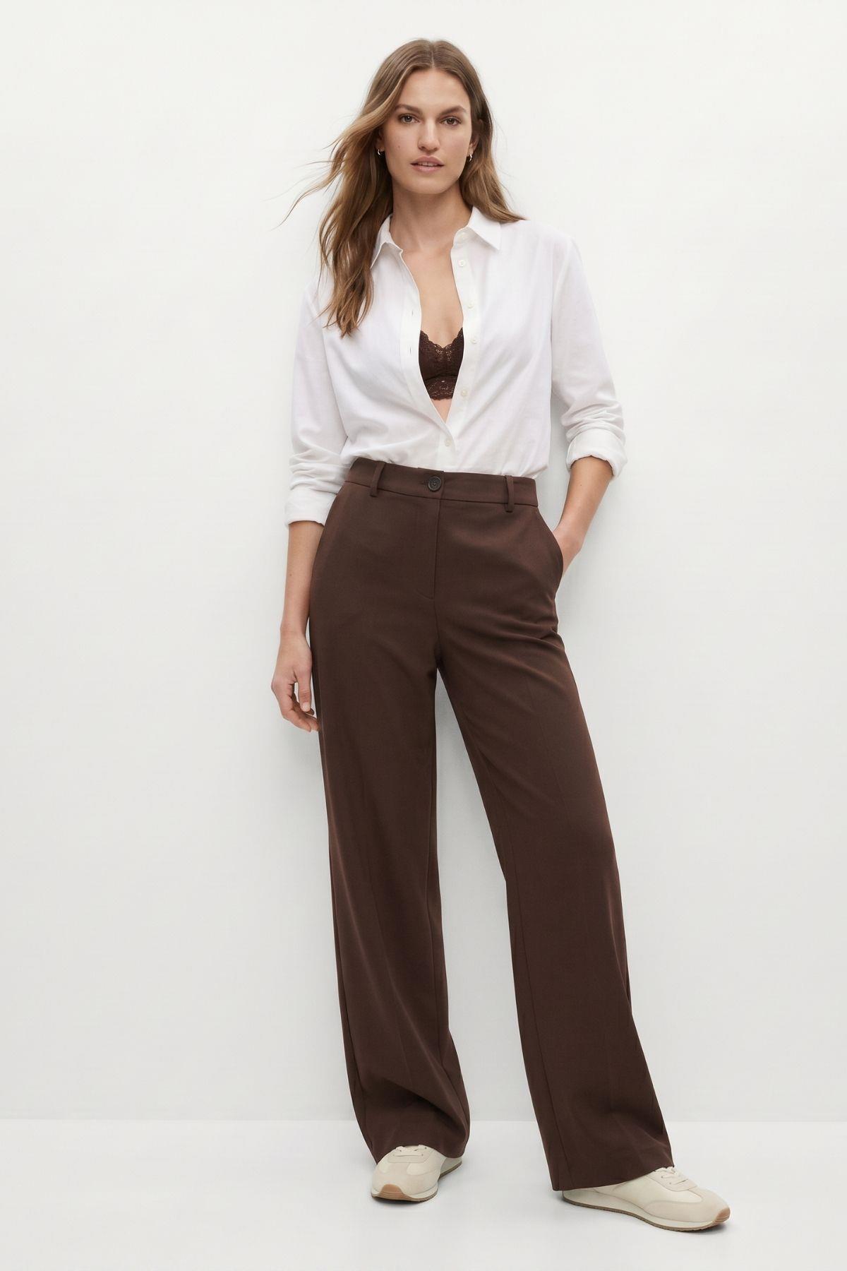 Kahve Düğmeli Geniş Paça Pantolon 8450A - RAYS