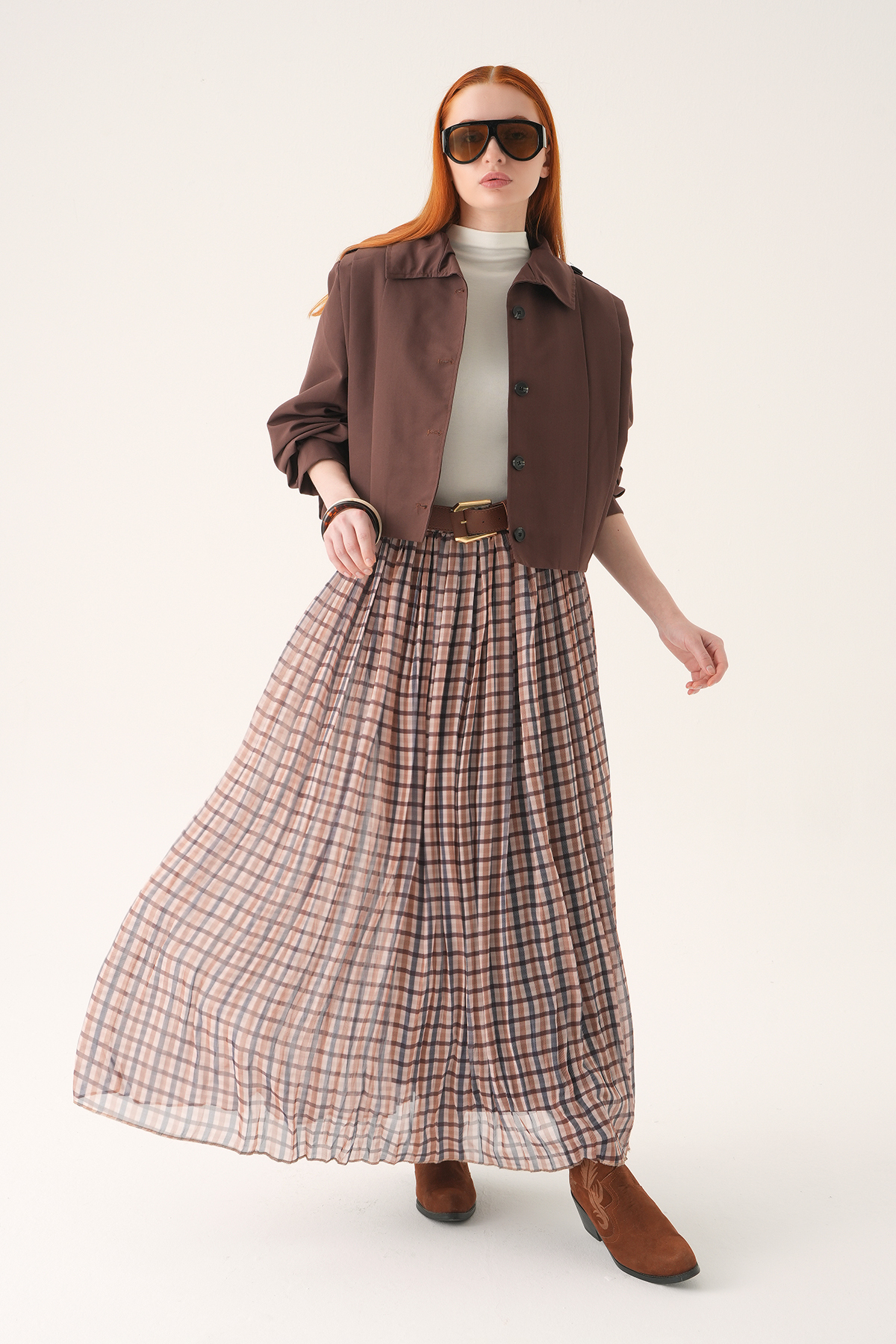 Bej Piliseli Kemerli Etek 8453A - RAYS