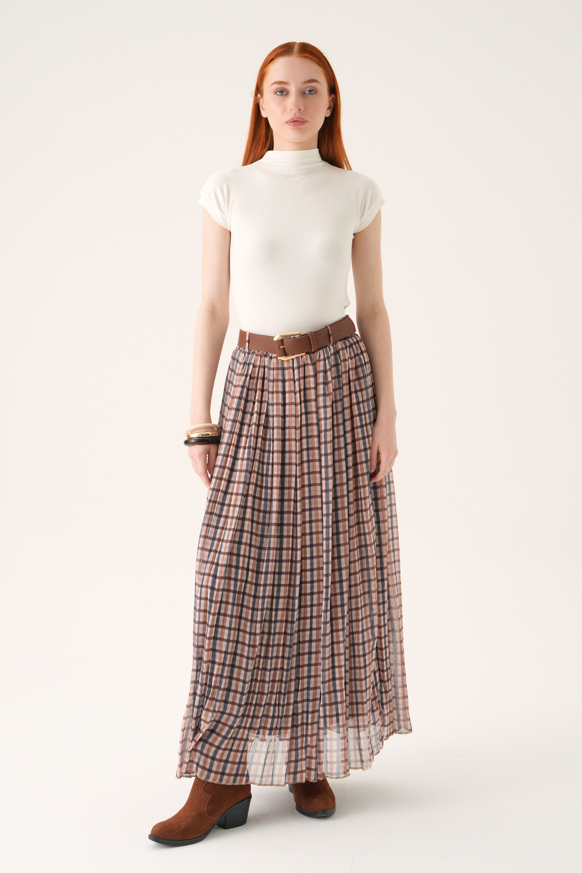 Bej Piliseli Kemerli Etek 8453A - RAYS