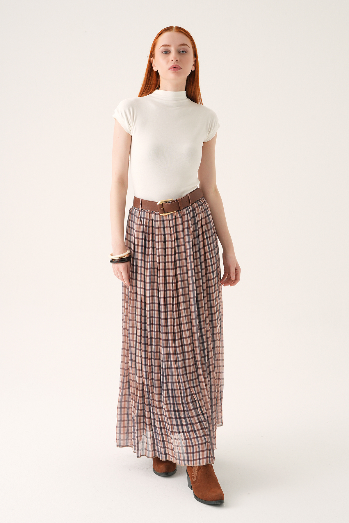 Bej Piliseli Kemerli Etek 8453A - RAYS