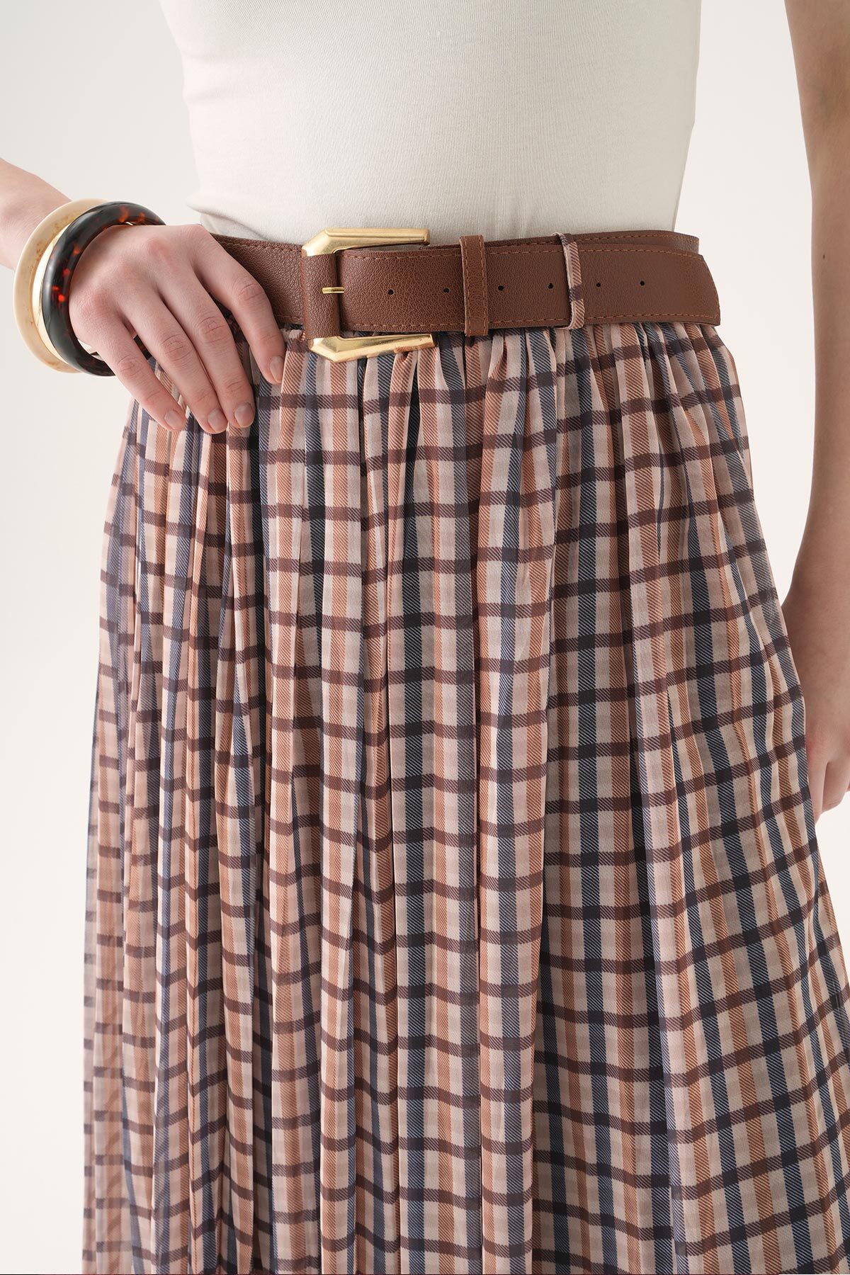 Bej Piliseli Kemerli Etek 8453A - 4