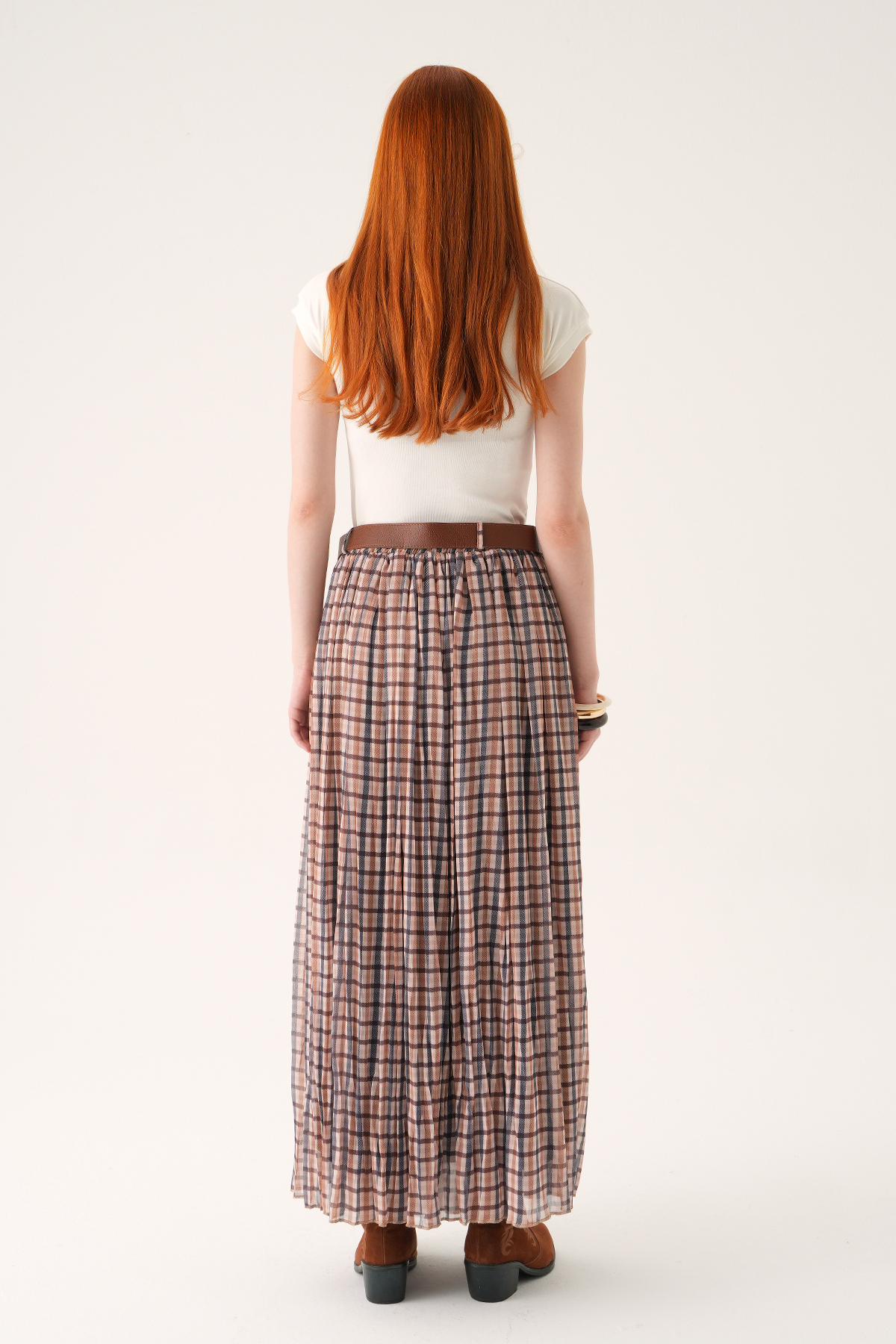 Bej Piliseli Kemerli Etek 8453A - 5