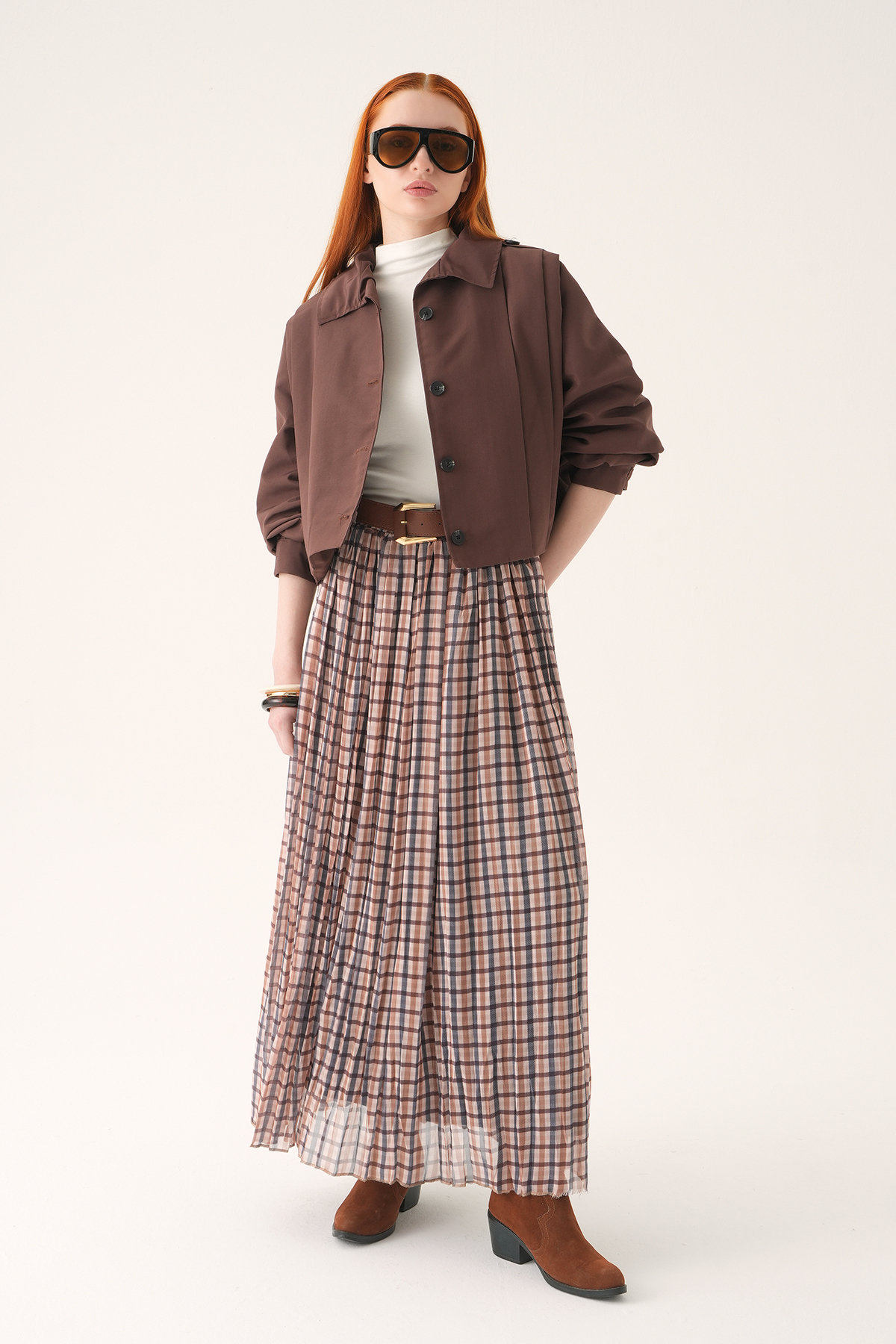 Bej Piliseli Kemerli Etek 8453A - 6