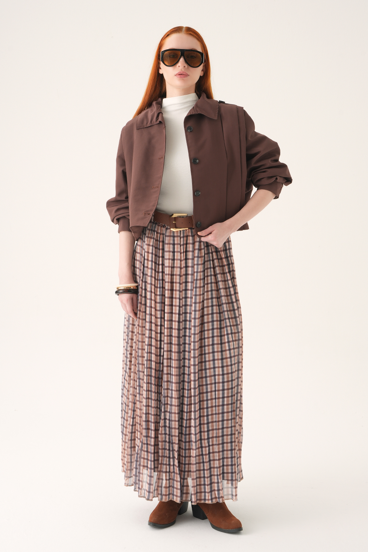 Bej Piliseli Kemerli Etek 8453A - 7