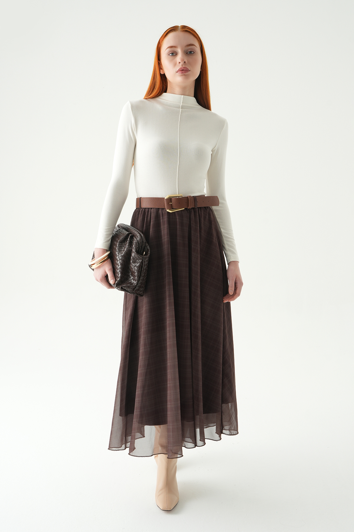 Kahve Kemerli Şifon Etek 8458A 