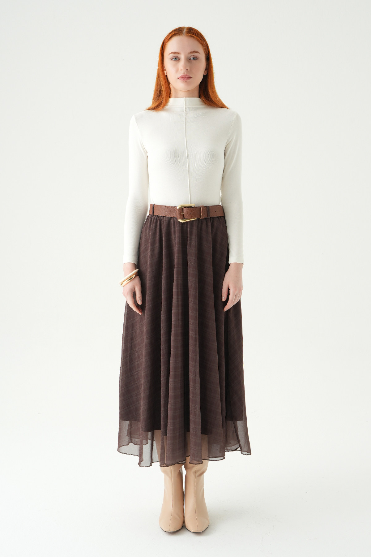 Kahve Kemerli Şifon Etek 8458A - 2