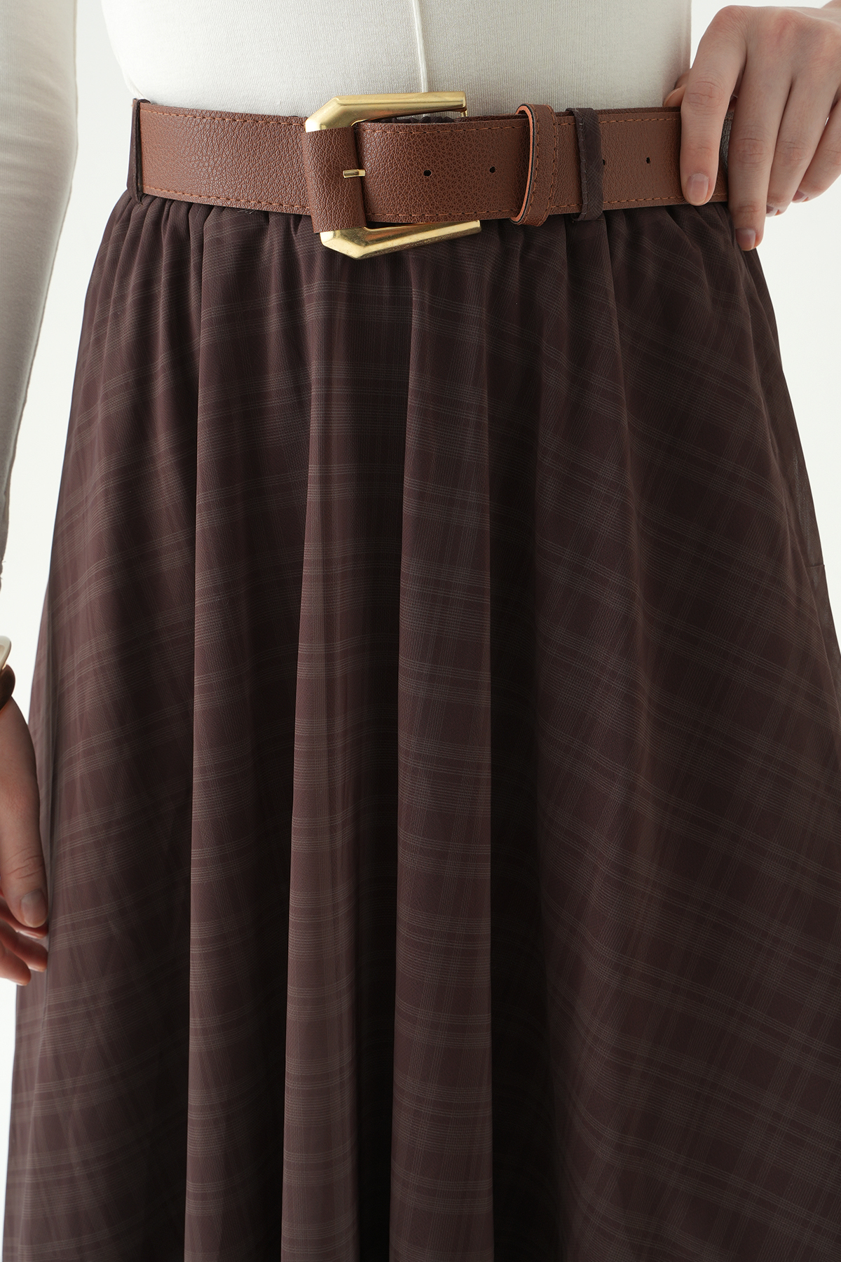 Kahve Kemerli Şifon Etek 8458A - 4