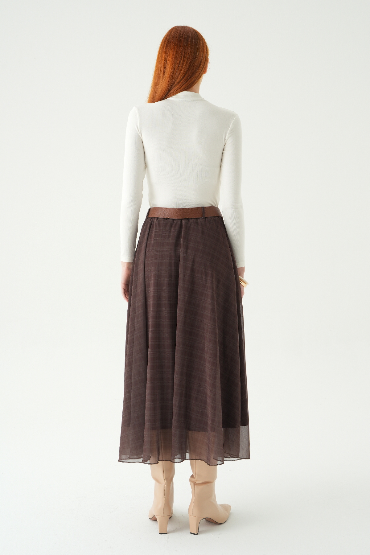 Kahve Kemerli Şifon Etek 8458A - 5