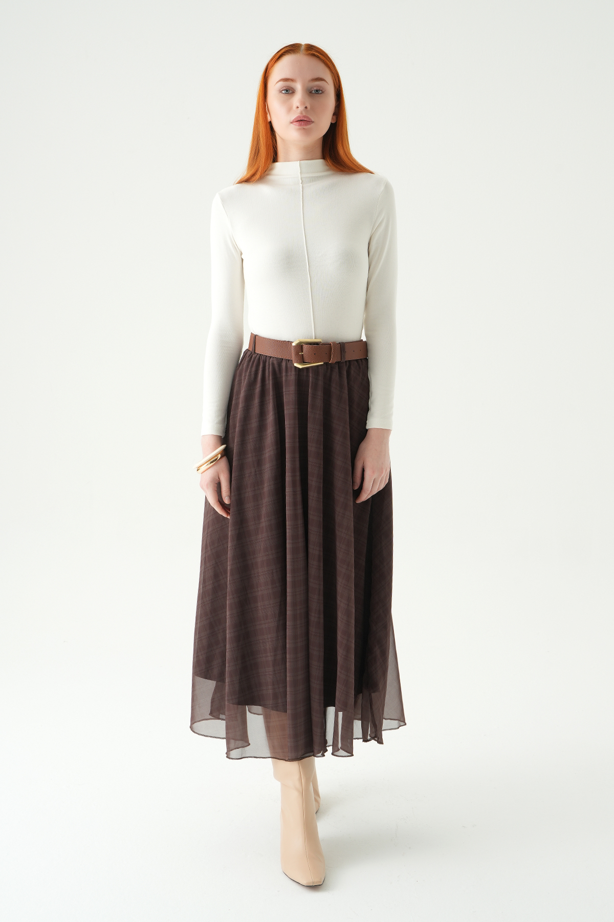 Kahve Kemerli Şifon Etek 8458A - 6