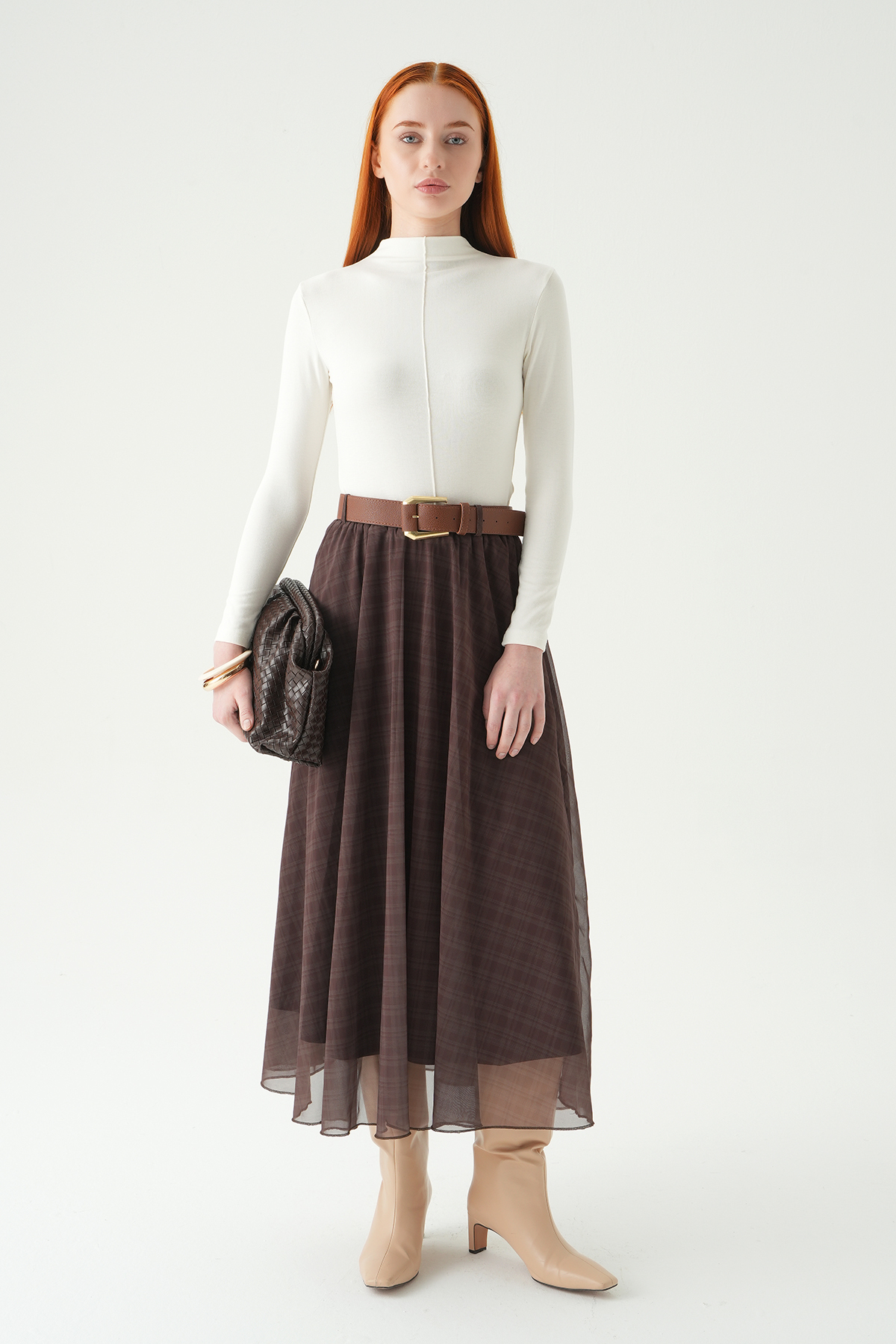 Kahve Kemerli Şifon Etek 8458A - 7