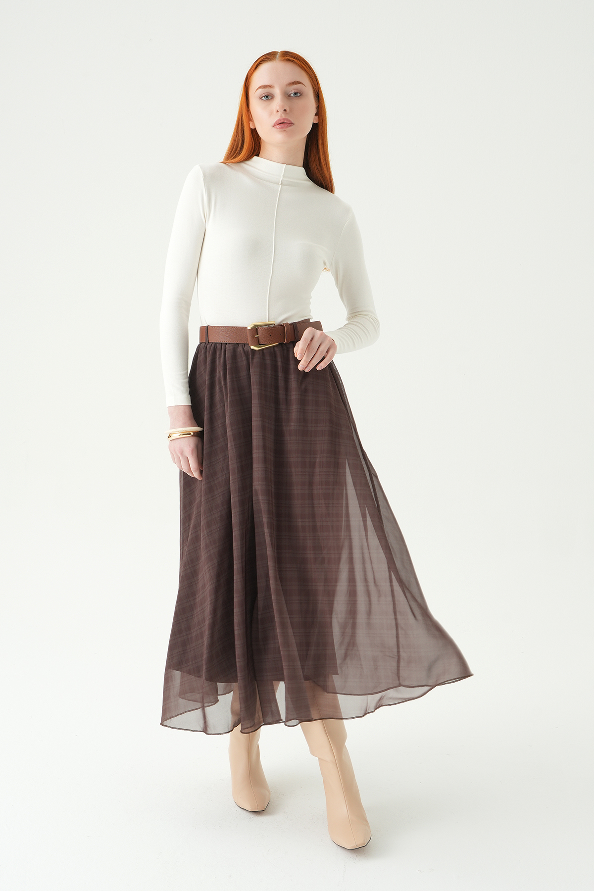 Kahve Kemerli Şifon Etek 8458A - RAYS