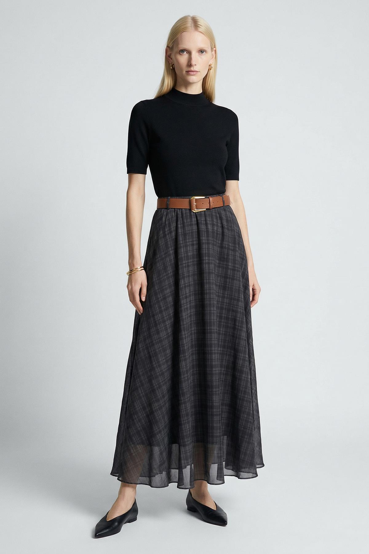 8458A Kemerli Şifon Etek Siyah - 1