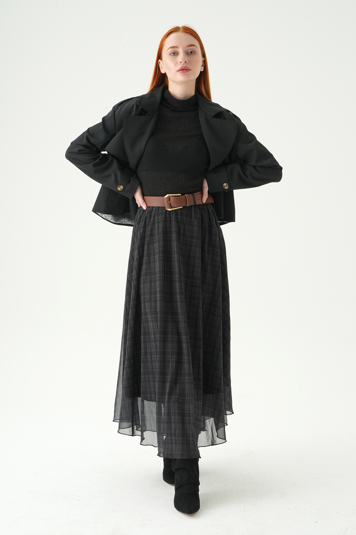 8458A Kemerli Şifon Etek Siyah - RAYS