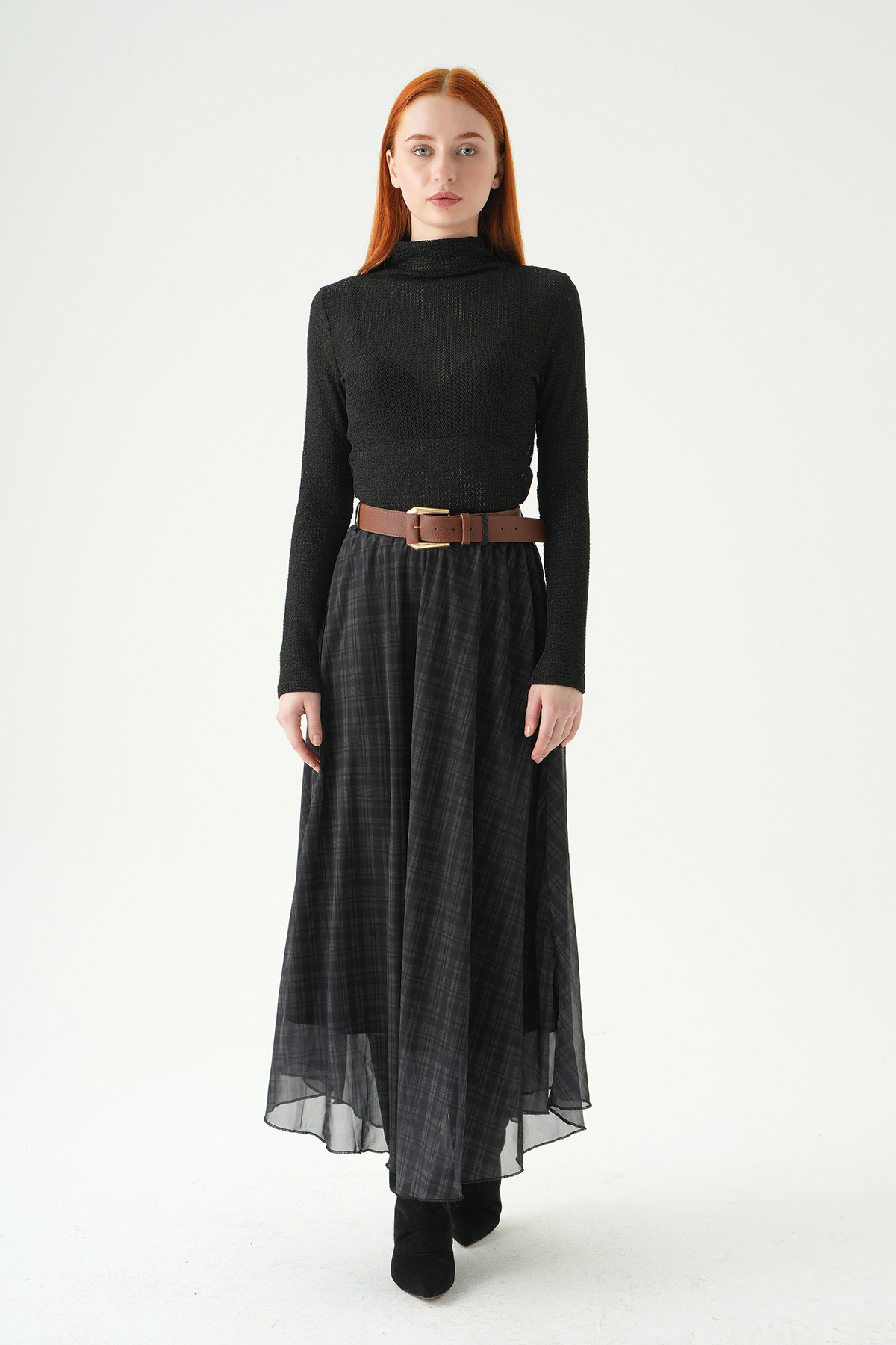 Siyah Kemerli Şifon Etek 8458A - 2