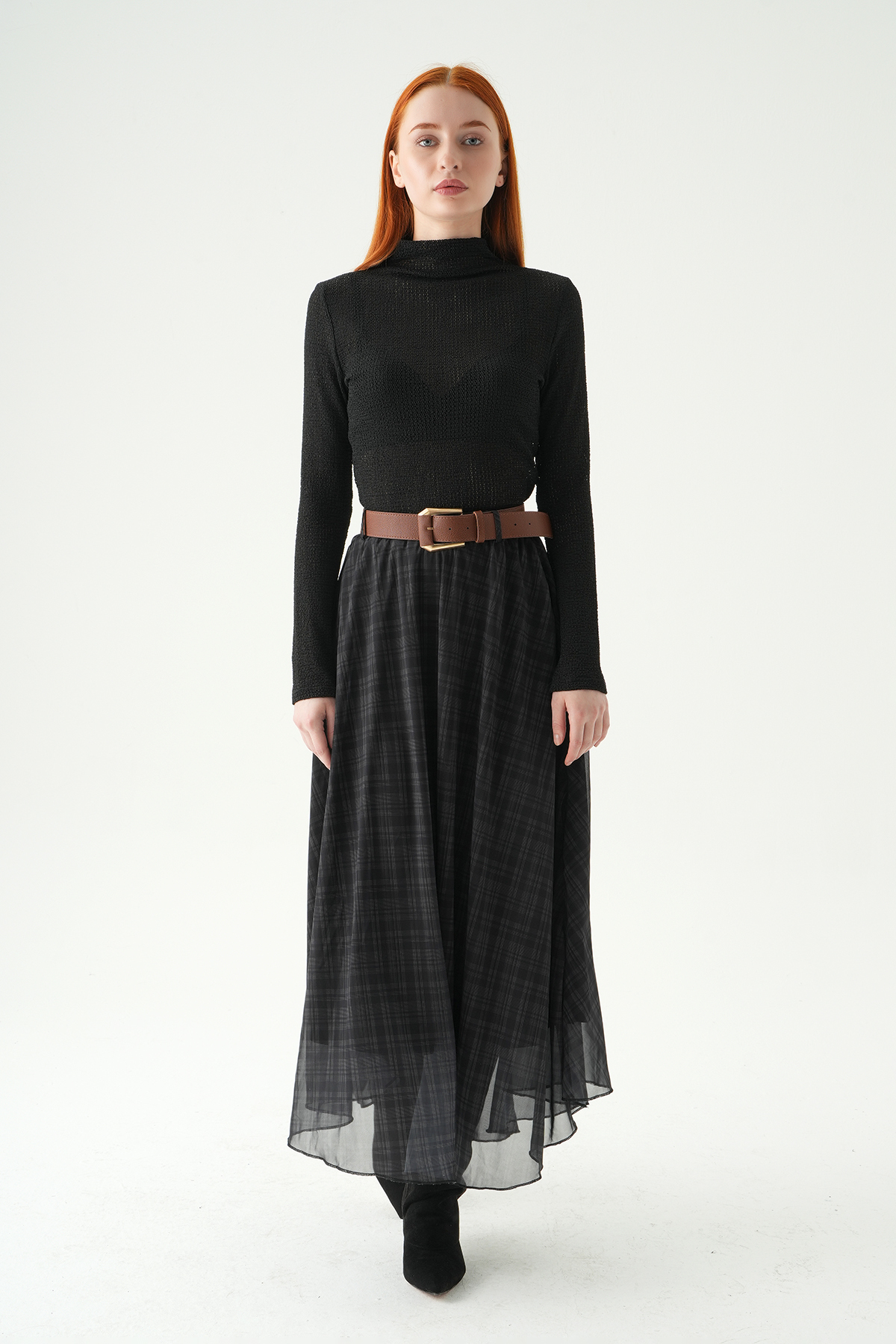 Siyah Kemerli Şifon Etek 8458A - 3