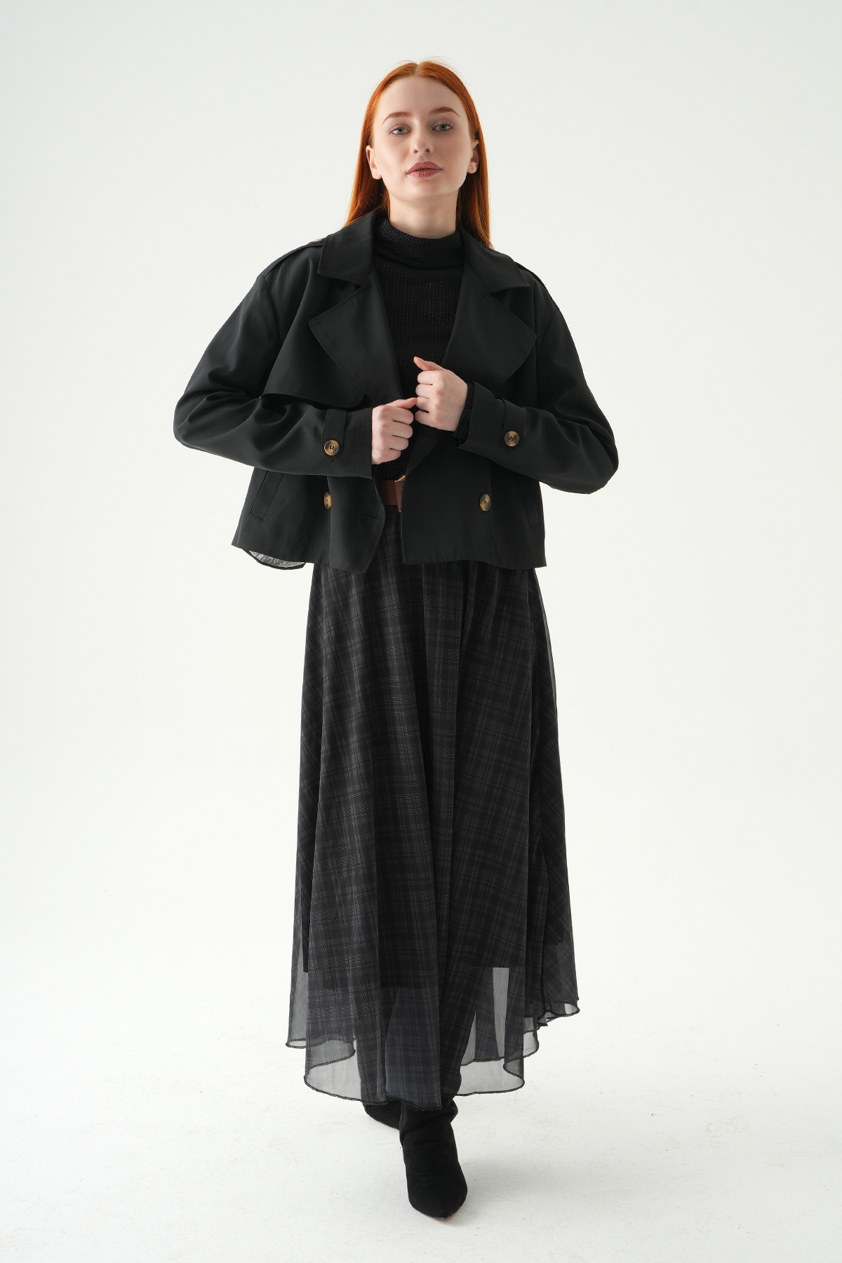 Siyah Kemerli Şifon Etek 8458A - 7