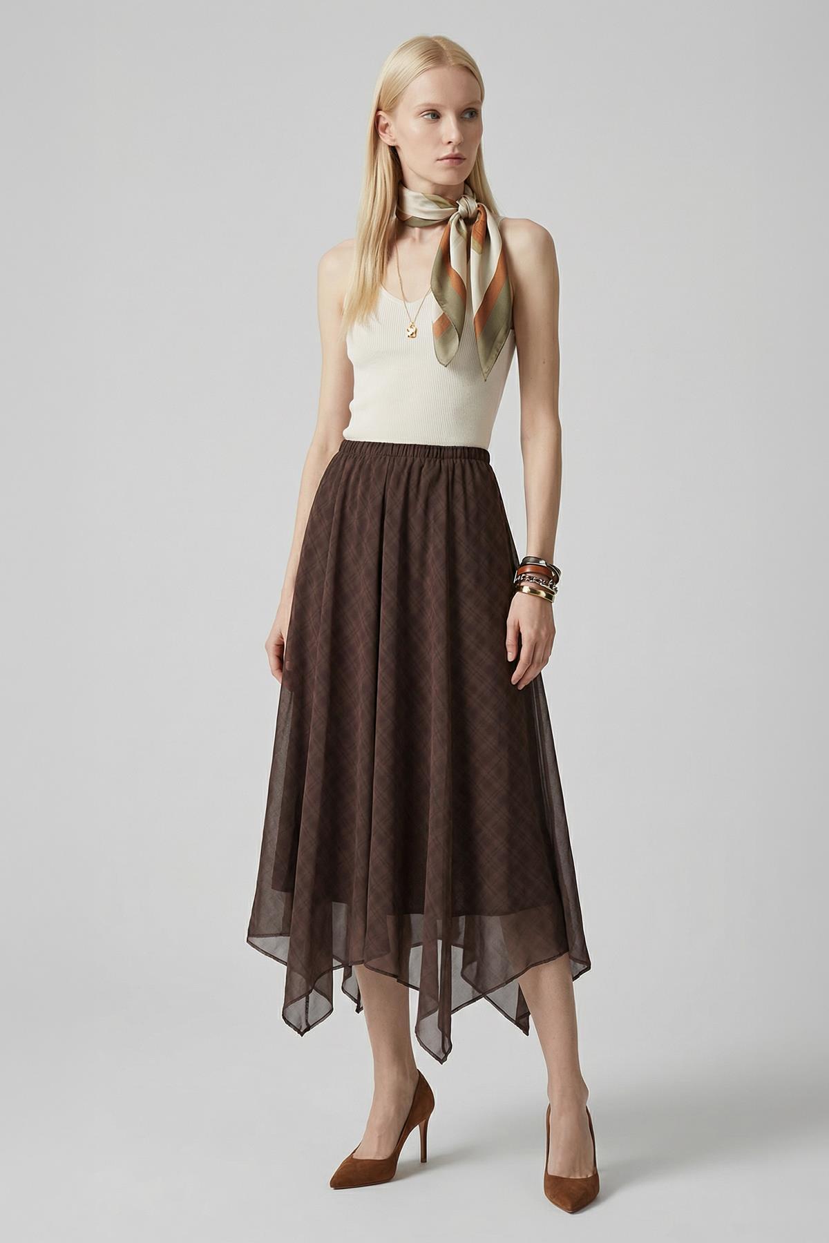 8459A Asimetrikli Şifon Etek Kahve - RAYS