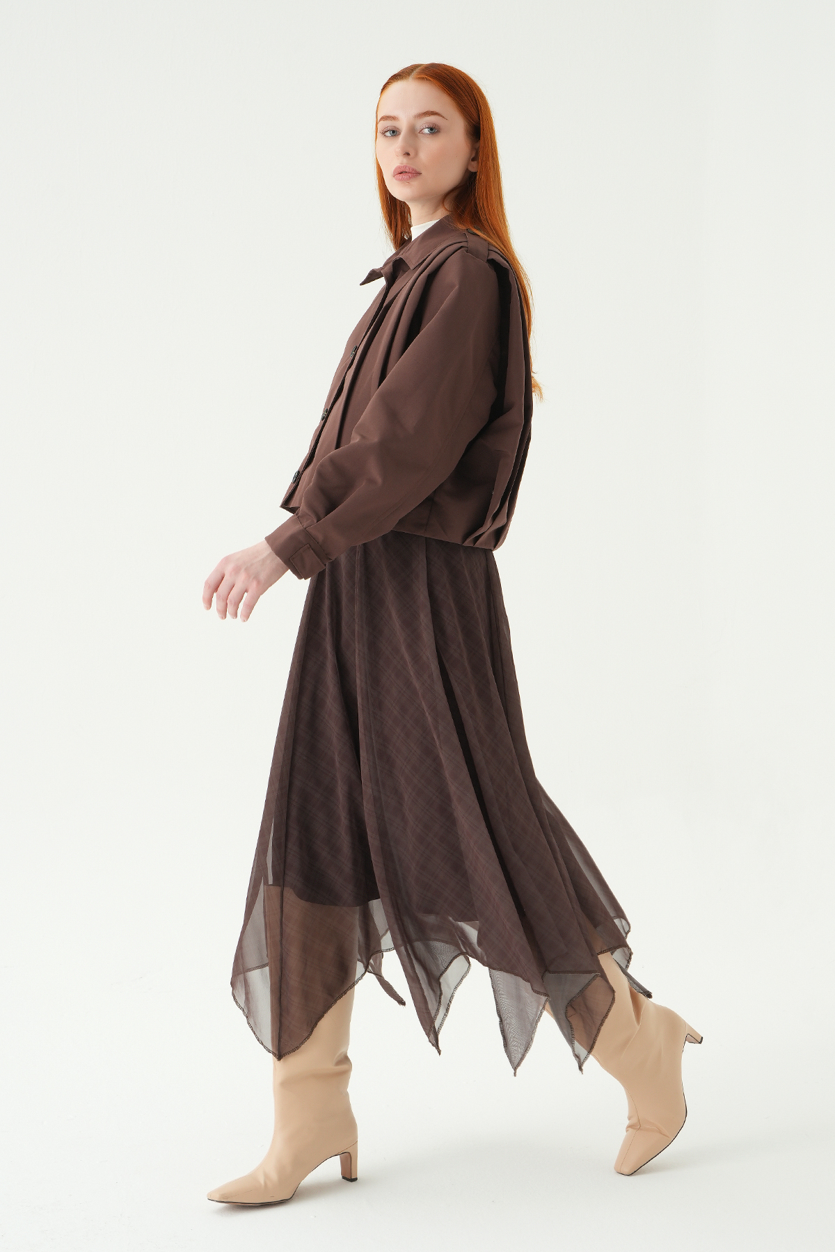 Kahve Asimetrik Şifon Etek 8459A - 1