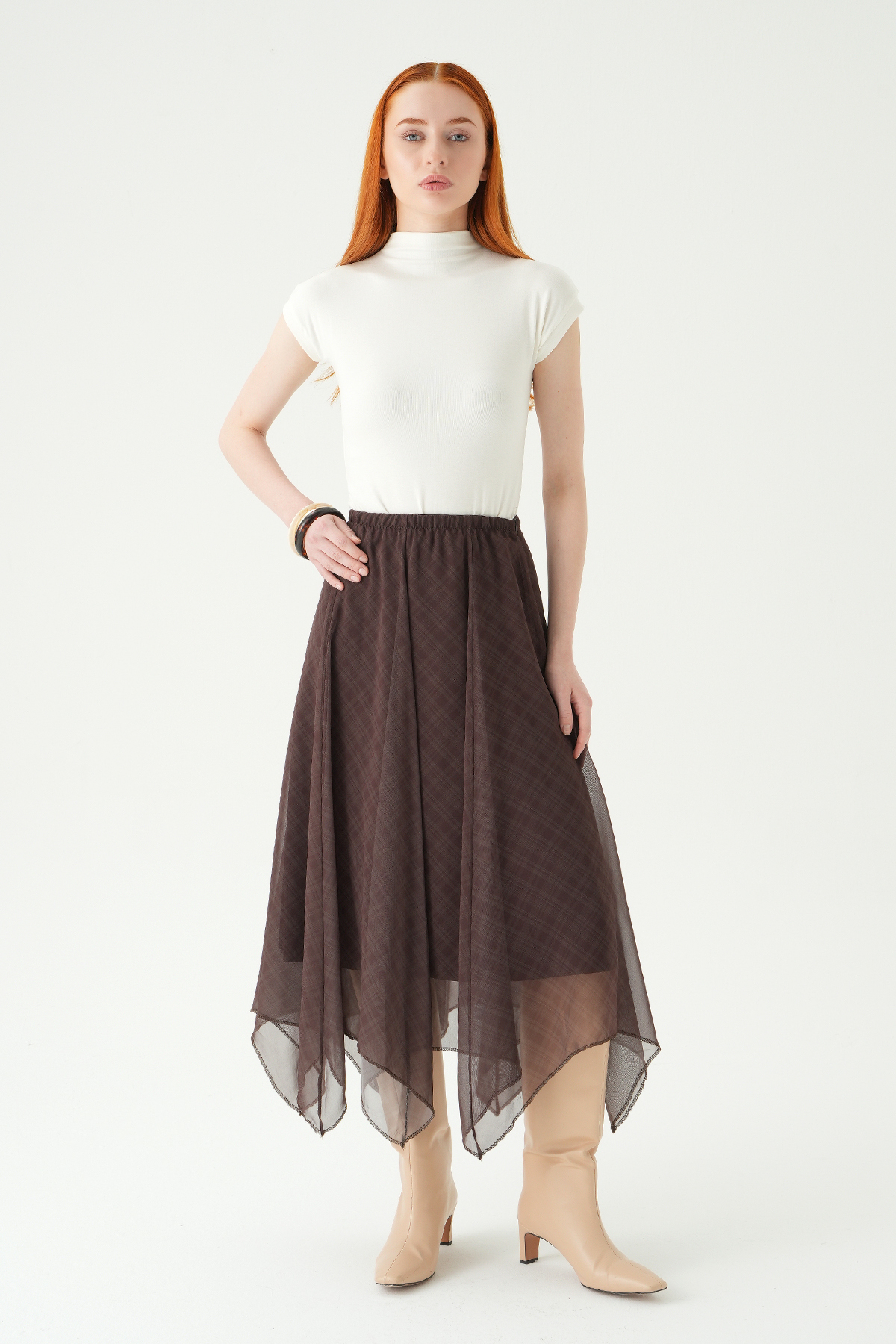 Kahve Asimetrik Şifon Etek 8459A - 2