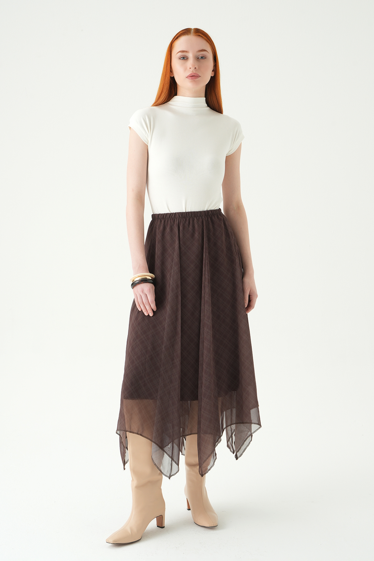 Kahve Asimetrik Şifon Etek 8459A - 3