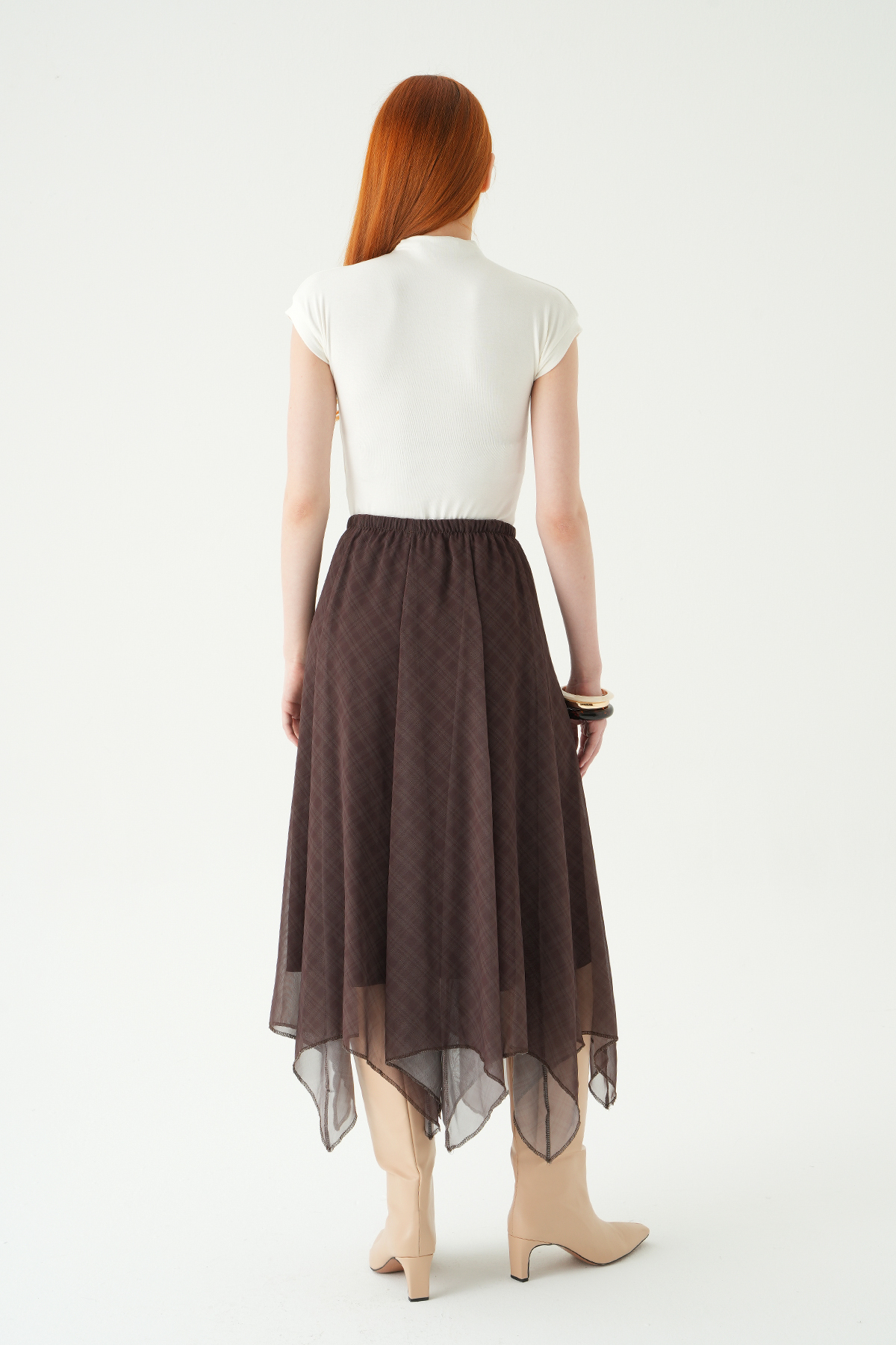 Kahve Asimetrik Şifon Etek 8459A - 5