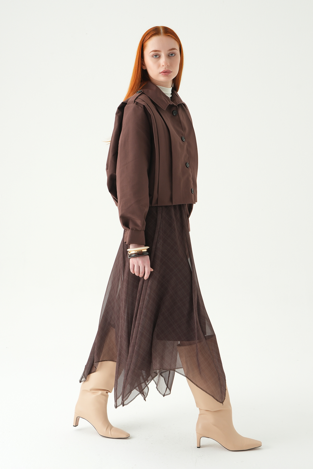 Kahve Asimetrik Şifon Etek 8459A - 6