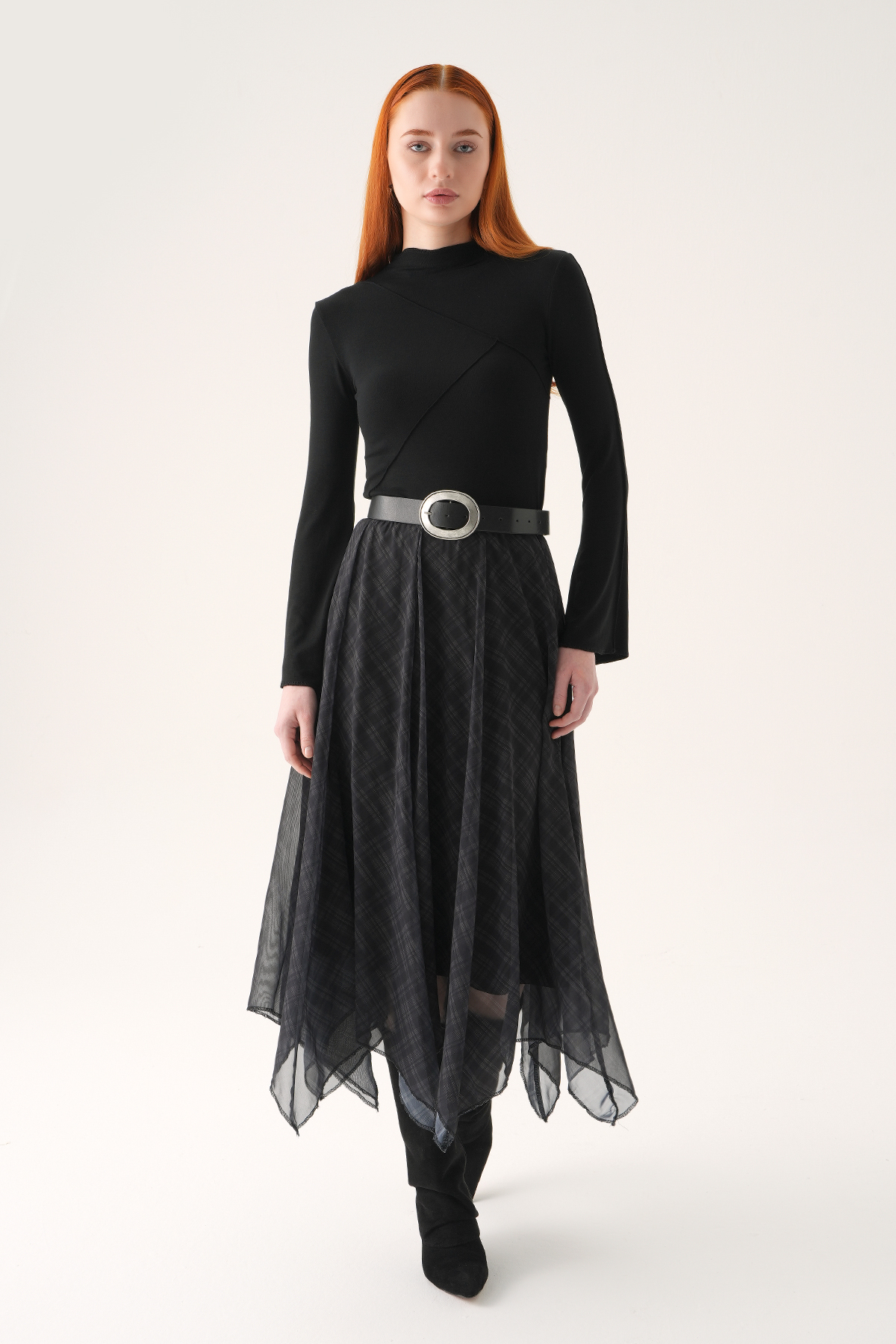 Siyah Asimetrik Şifon Etek 8459A 