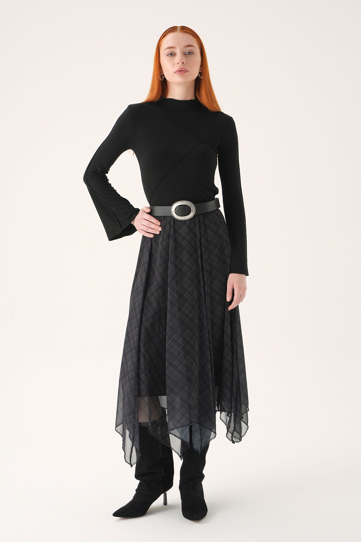 Siyah Asimetrik Şifon Etek 8459A - 2