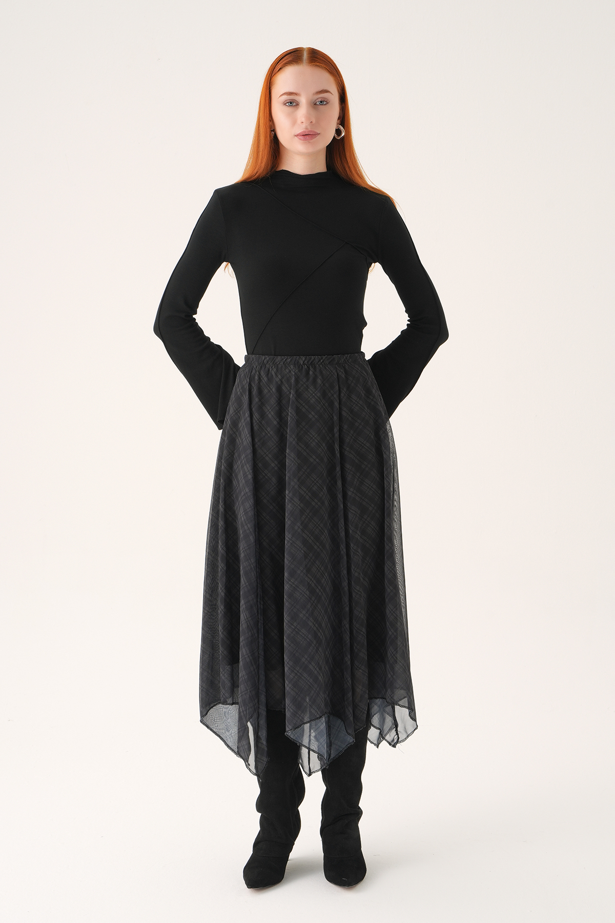 Siyah Asimetrik Şifon Etek 8459A - 3