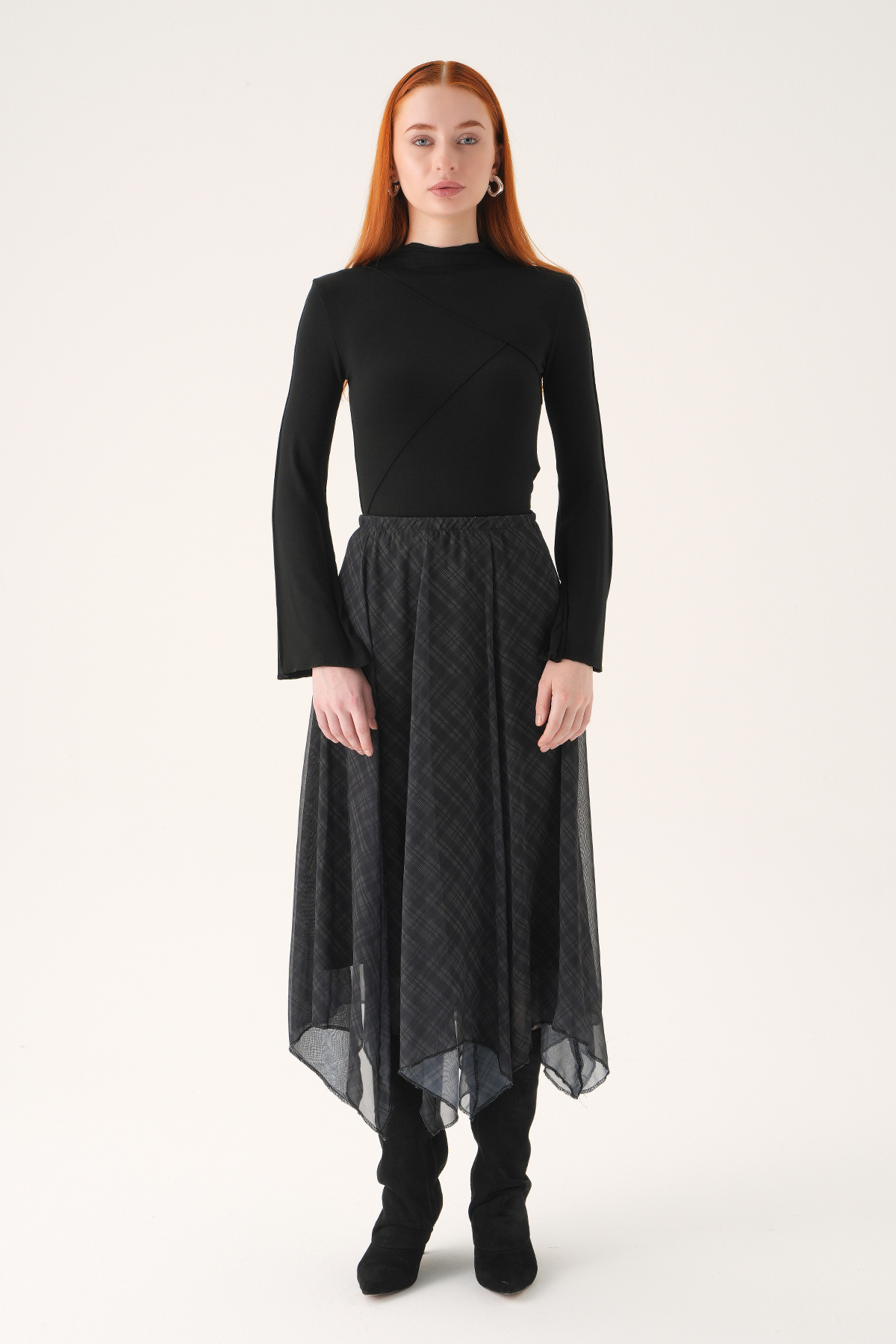 Siyah Asimetrik Şifon Etek 8459A - 6