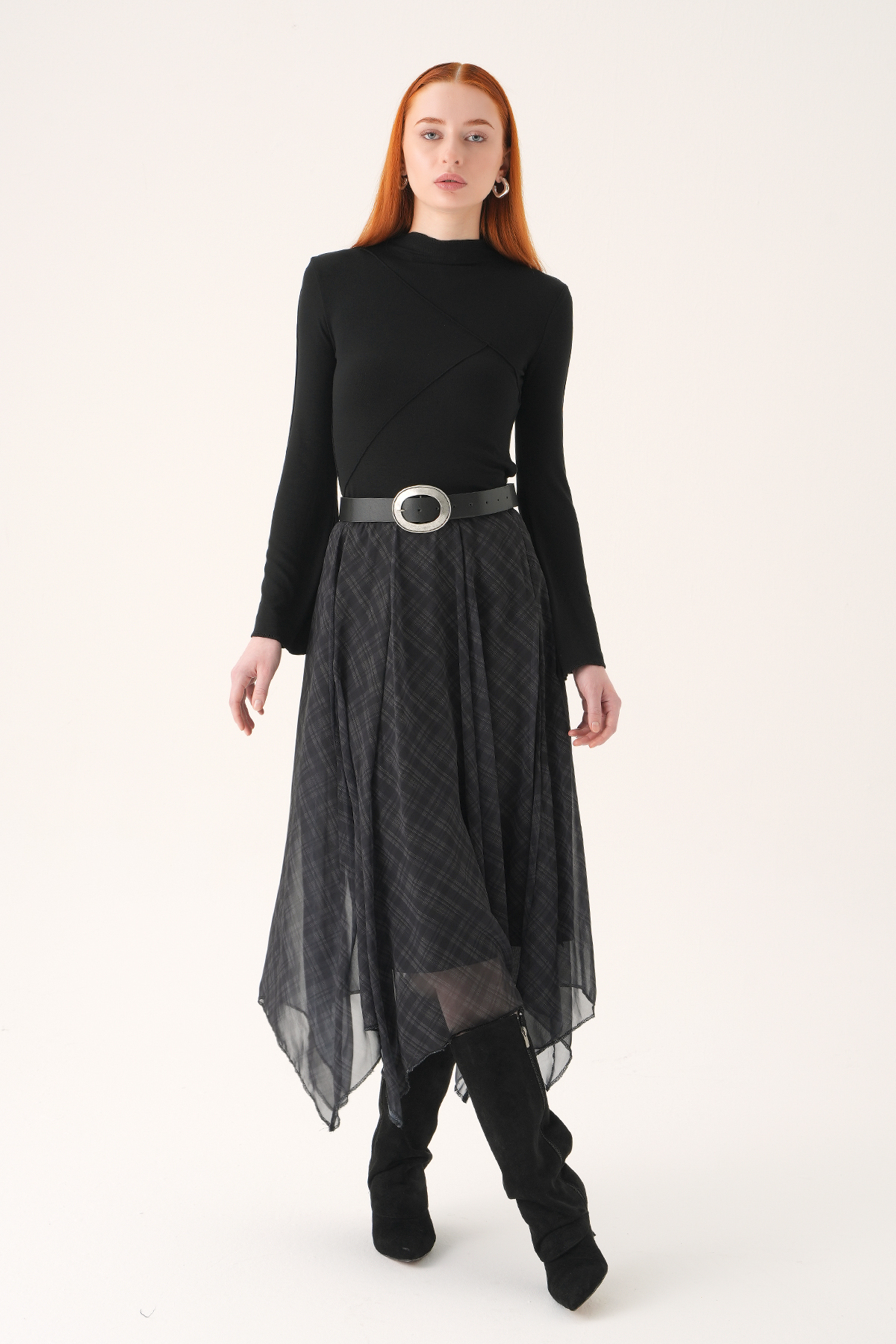 Siyah Asimetrik Şifon Etek 8459A - 7