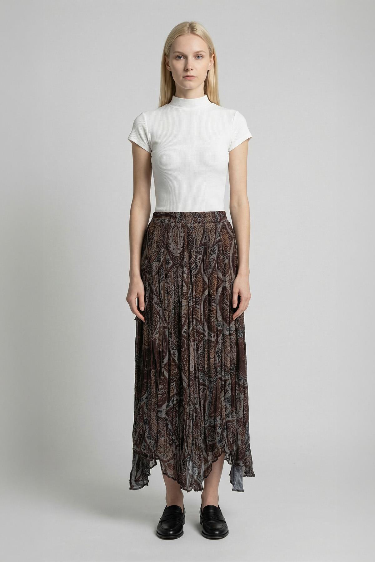 8461A Desenli Etek Kahve - 1