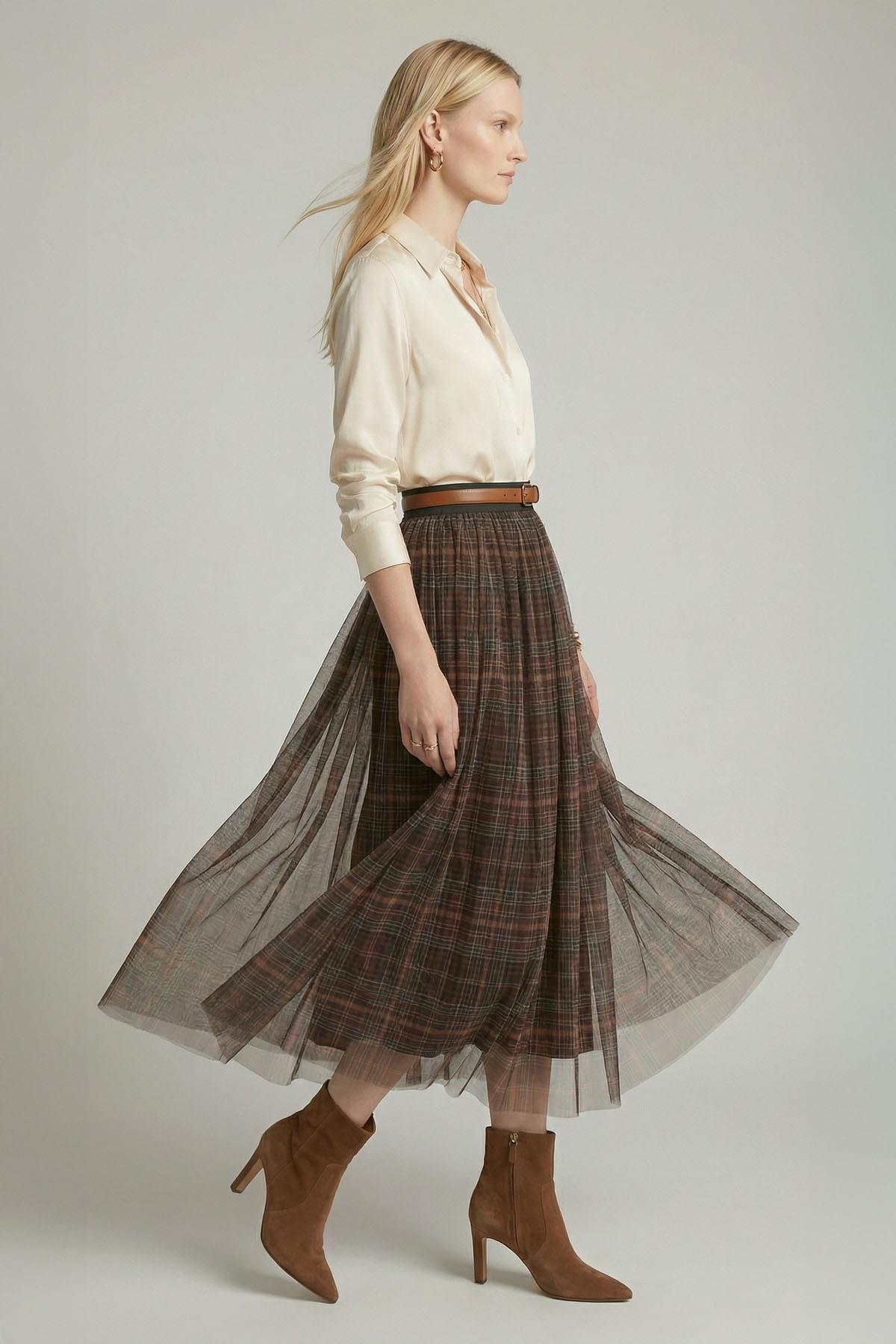 8468A Ecose Desen Tüllü Etek Kahve - 2