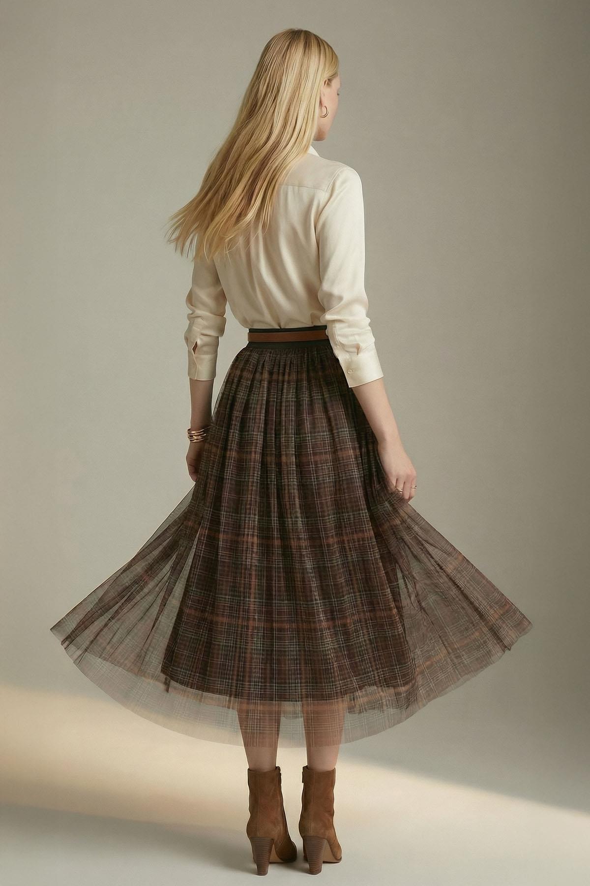 8468A Ecose Desen Tüllü Etek Kahve - RAYS