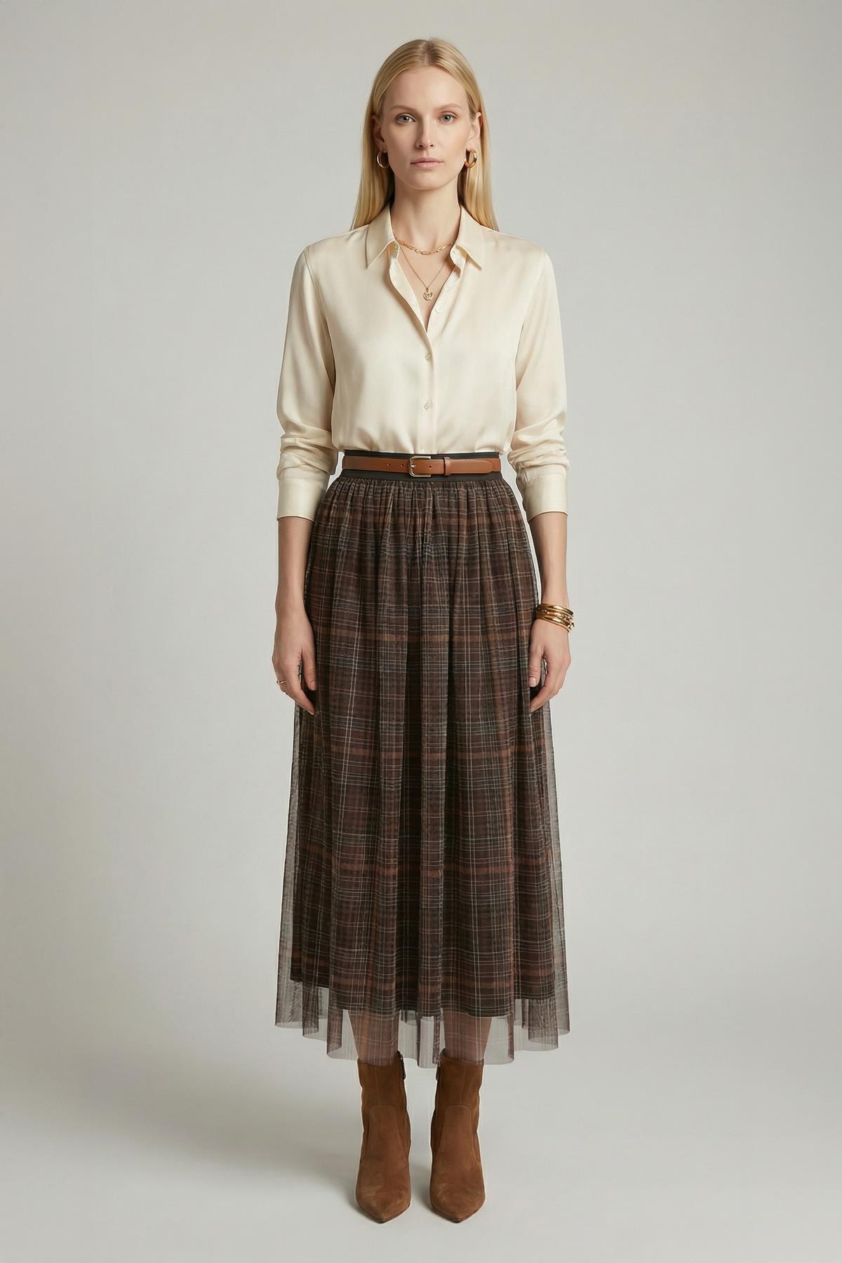 8468A Ekose Desen Tüllü Etek Kahve - RAYS