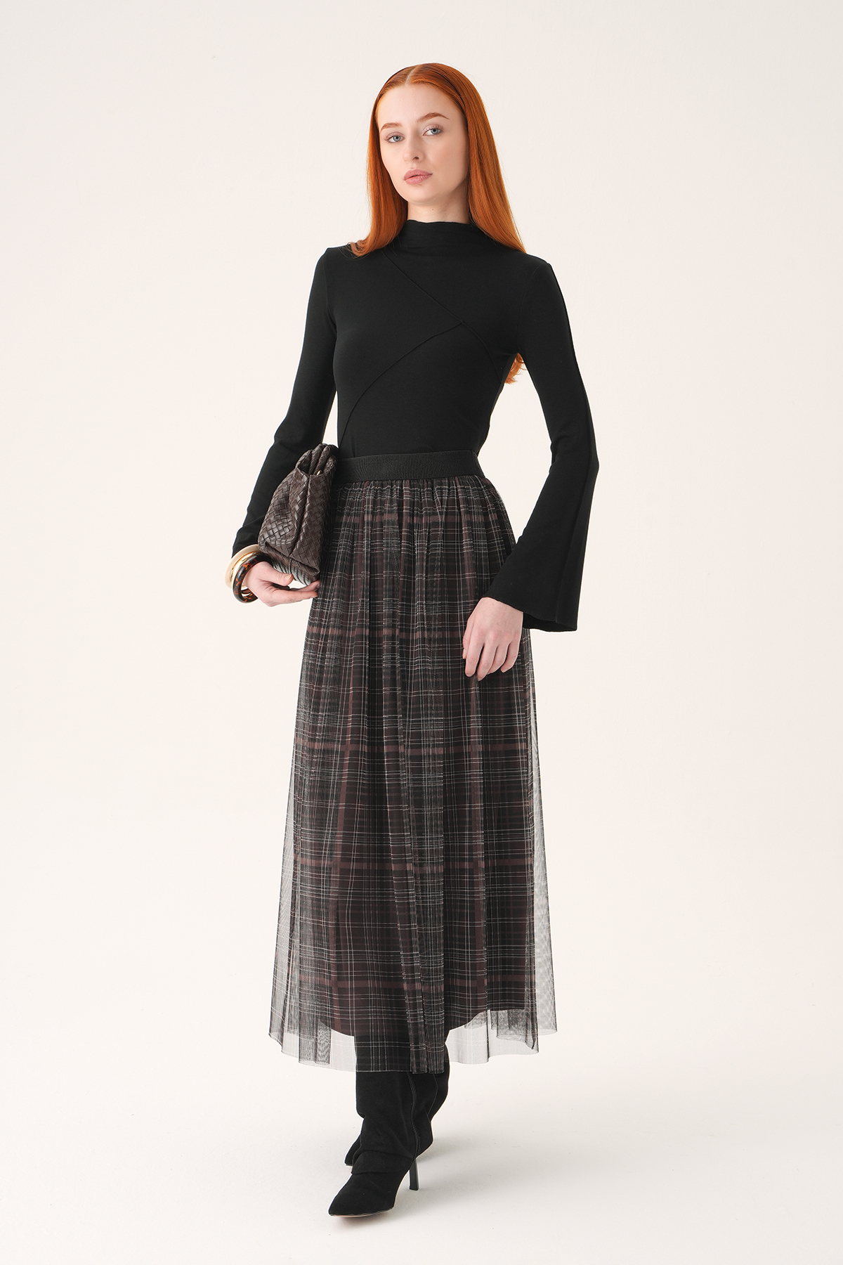 Kahve Ecose Desen Tüllü Etek 8468A - 1